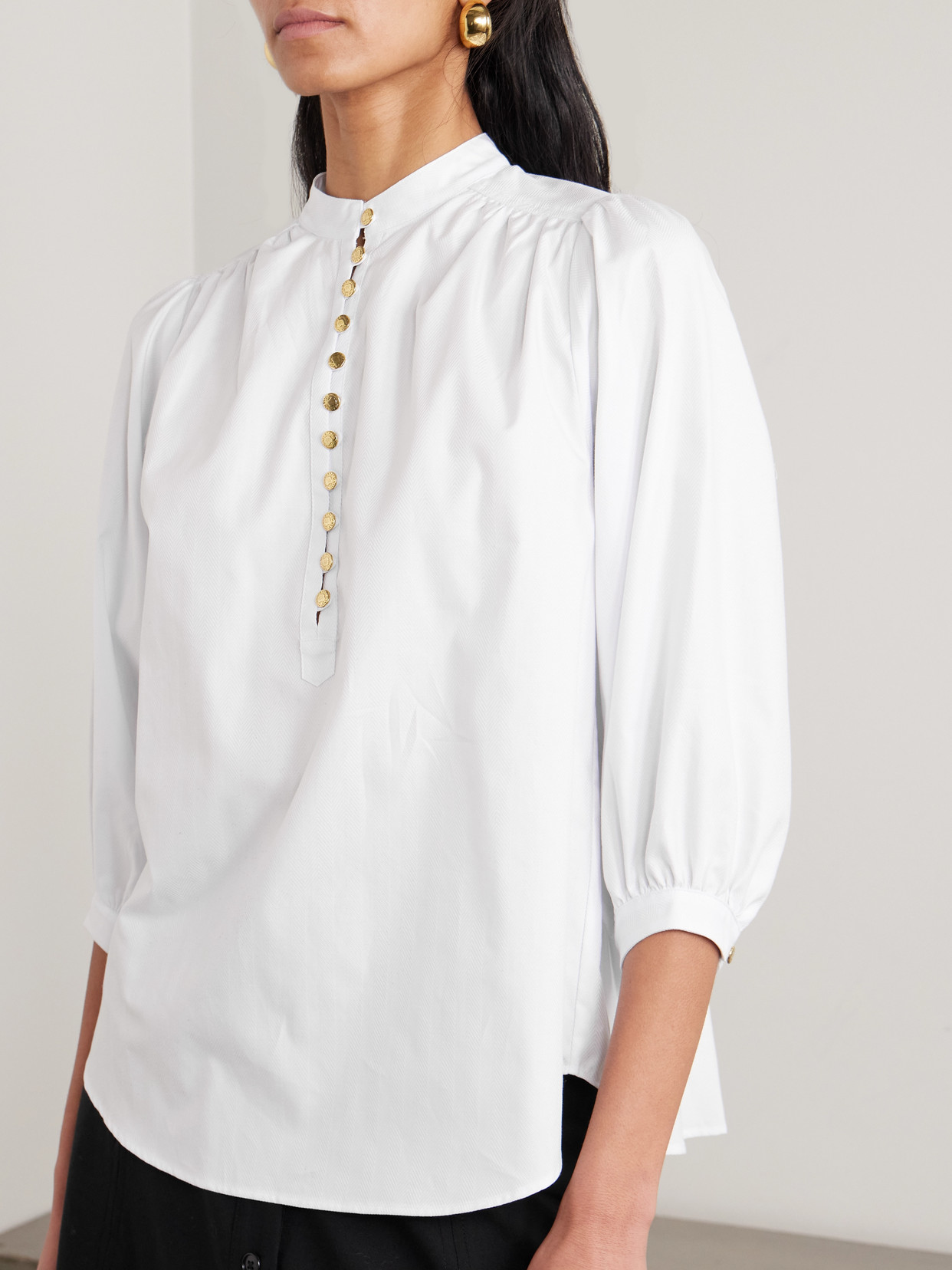 Vivi Pleated Herringbone Cotton Blouse