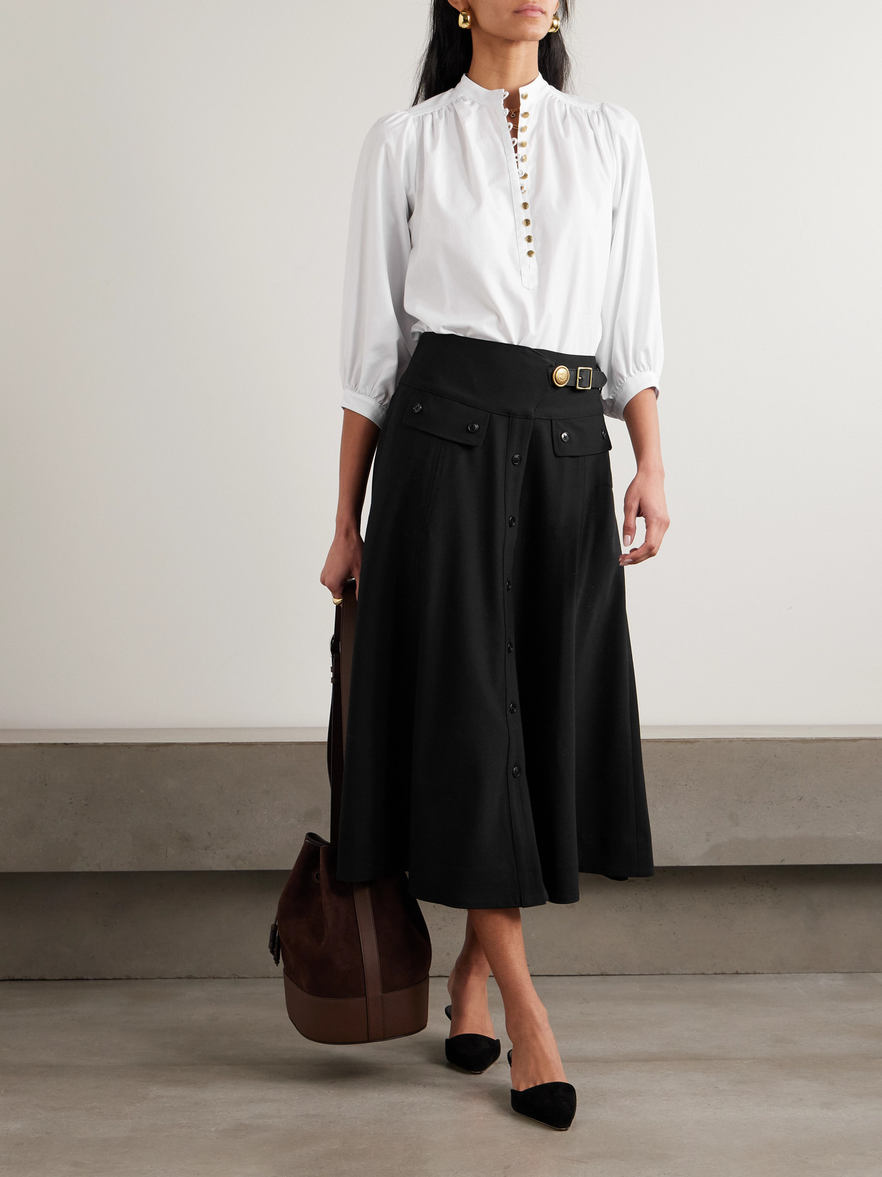 Vivi Pleated Herringbone Cotton Blouse