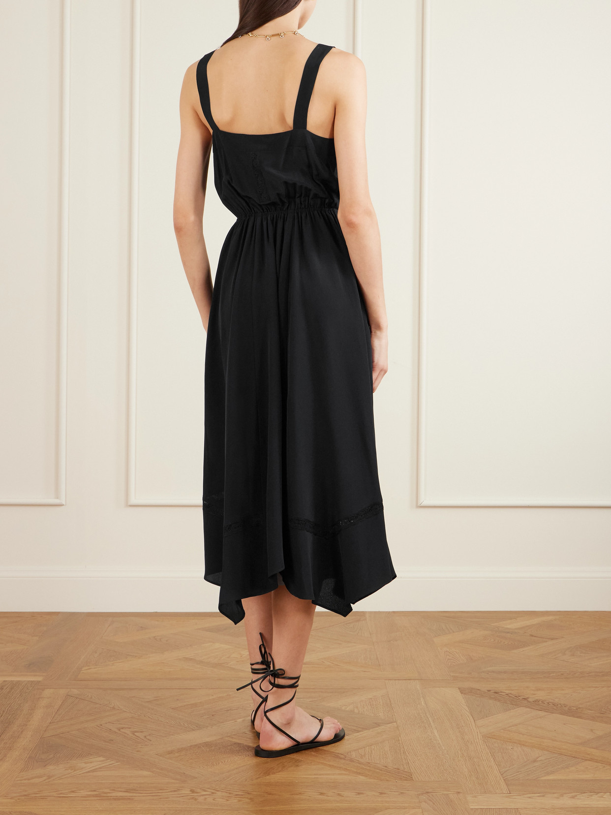 Maison Mayle Asymmetric Ruffled Lace-trimmed Silk Crepe De Chine Midi Dress In Black