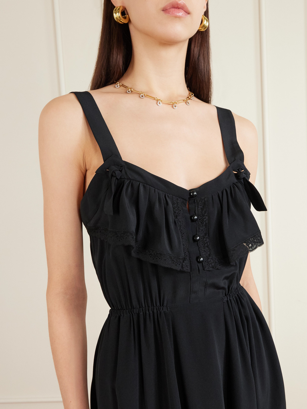 Maison Mayle Asymmetric Ruffled Lace-trimmed Silk Crepe De Chine Midi Dress In Black
