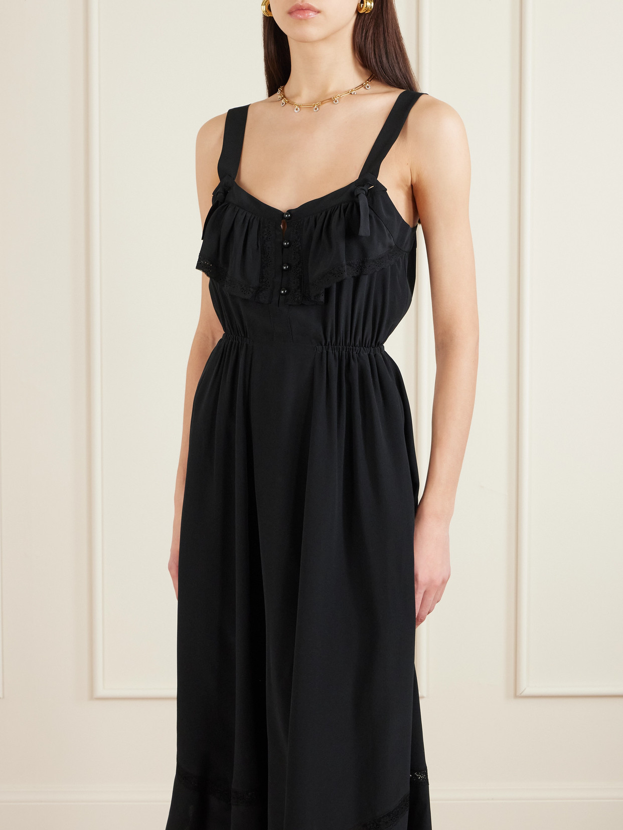 Maison Mayle Asymmetric Ruffled Lace-trimmed Silk Crepe De Chine Midi Dress In Black