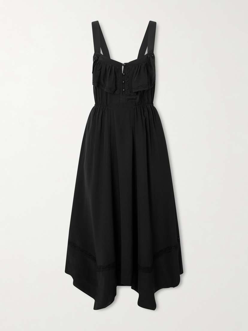 MAISON MAYLE Asymmetric Ruffled Lace-trimmed Silk Crepe De Chine Midi Dress