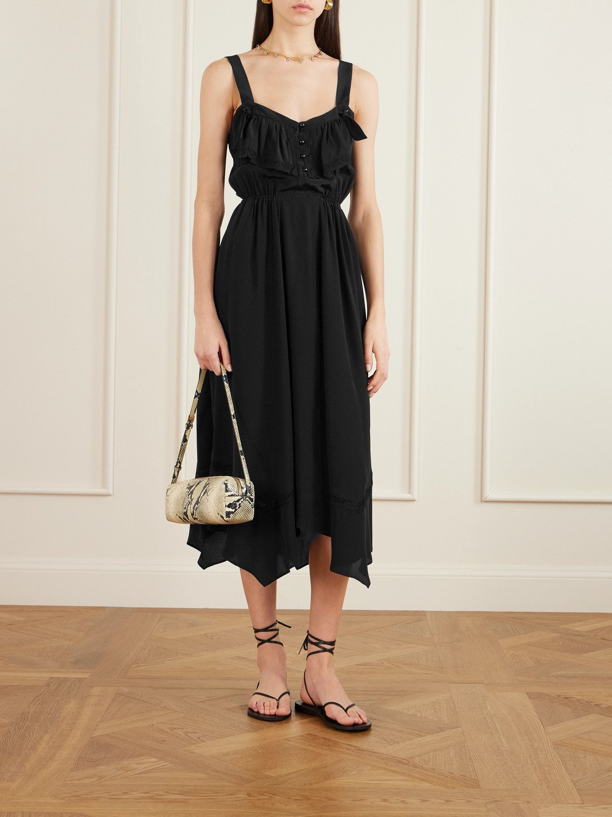Maison Mayle Asymmetric Ruffled Lace-trimmed Silk Crepe De Chine Midi Dress In Black