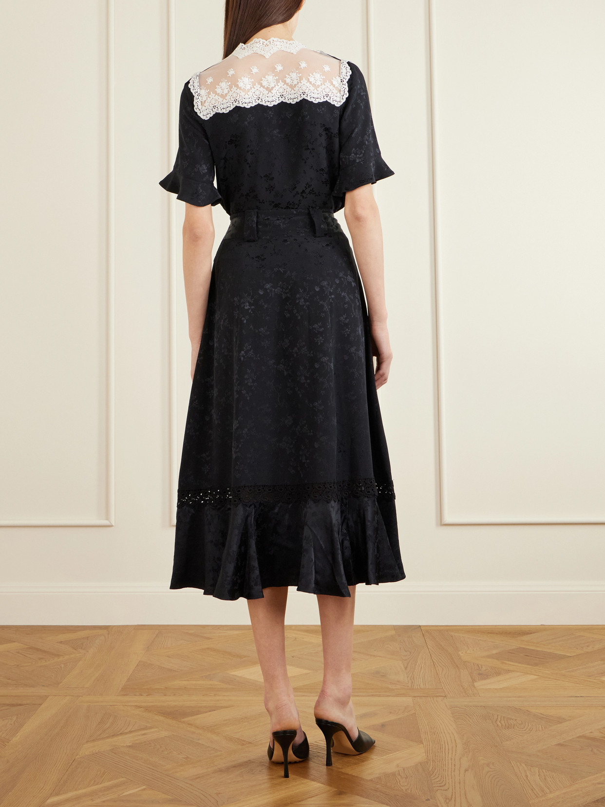 Amparo Pleated Lace-Trimmed Silk-Satin Midi