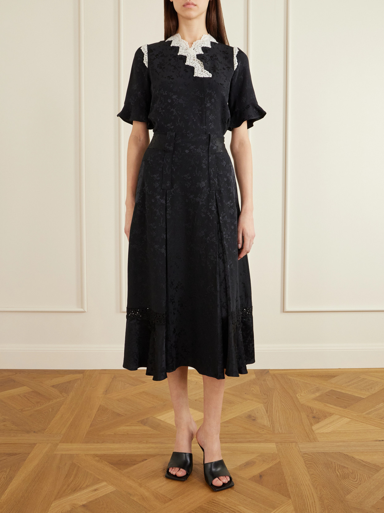 Amparo Pleated Lace-Trimmed Silk-Satin Midi