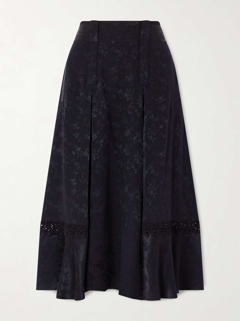 MAISON MAYLE Amparo Pleated Lace-trimmed Silk-satin Jacquard Midi Skirt