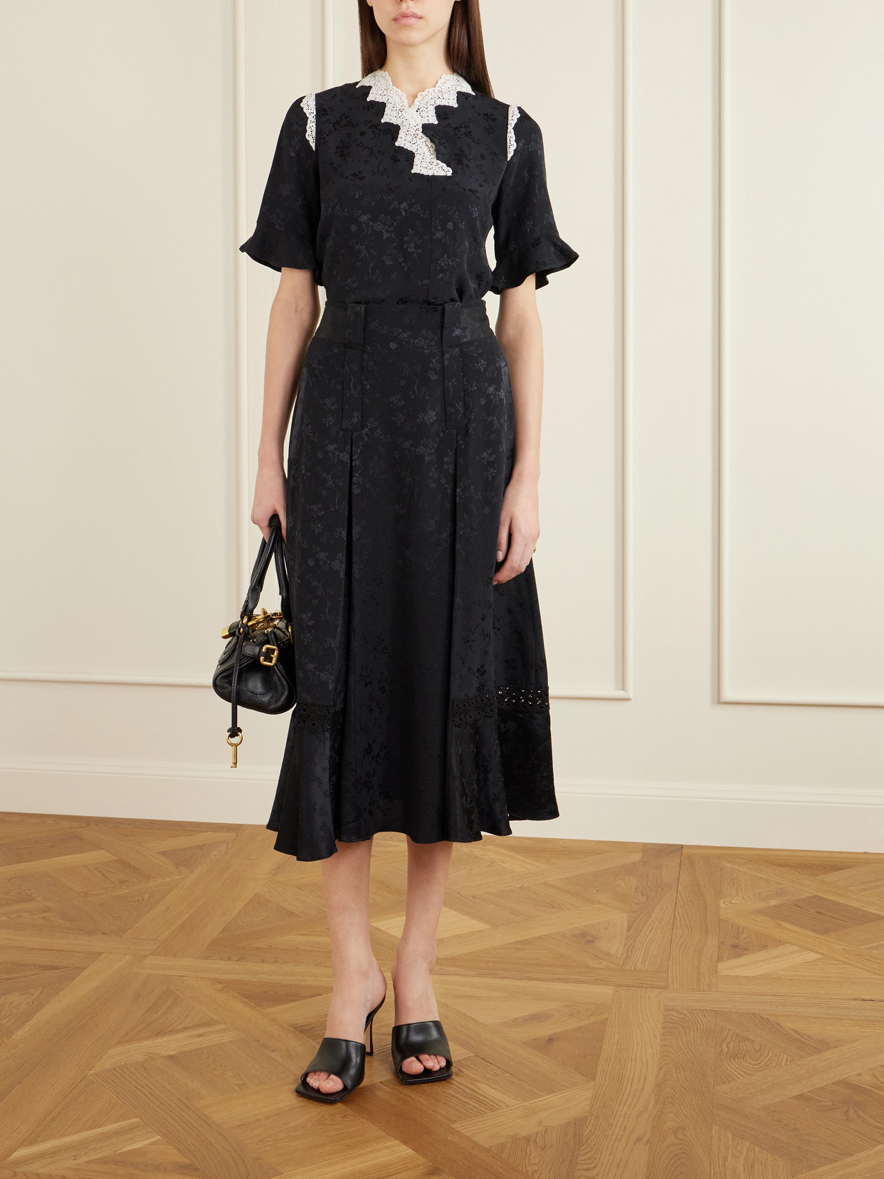 Amparo Pleated Lace-Trimmed Silk-Satin Midi