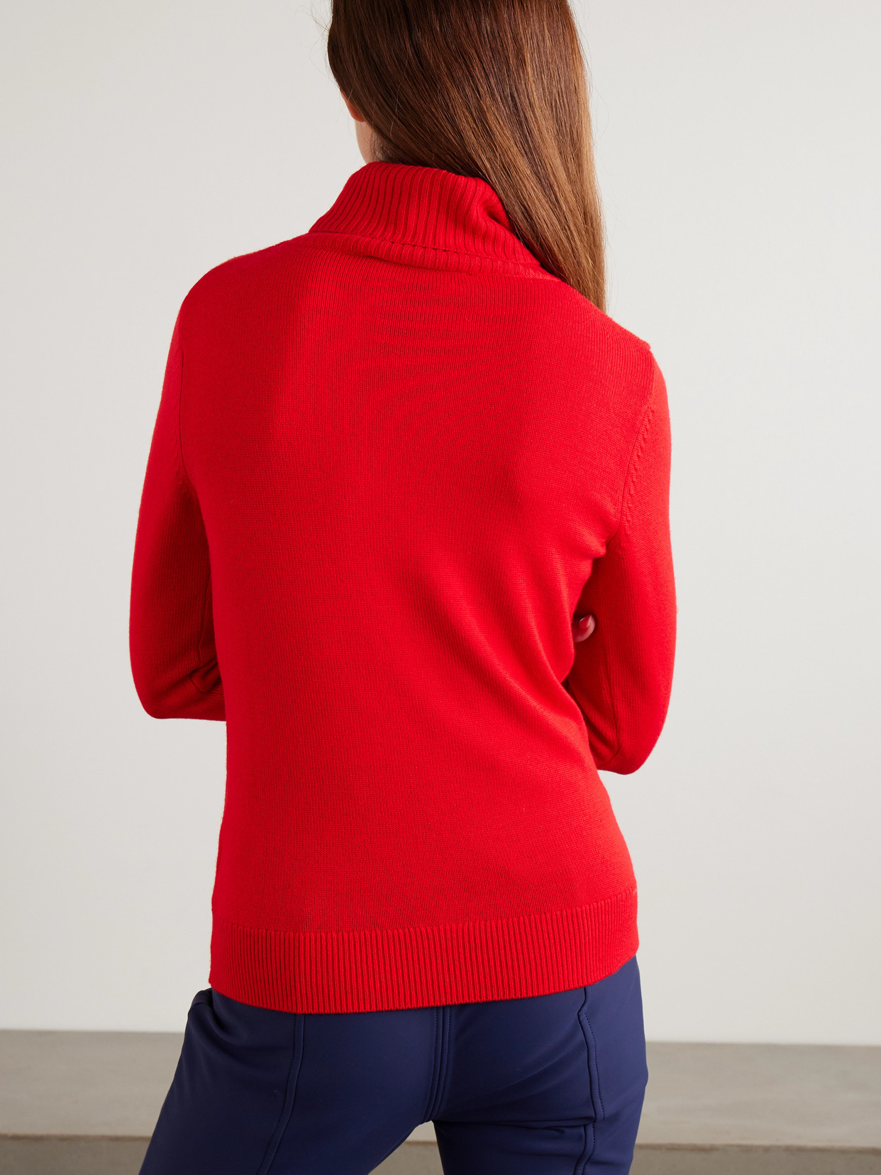 Perfect Moment Intarsia Merino Wool Turtleneck Sweater In Red