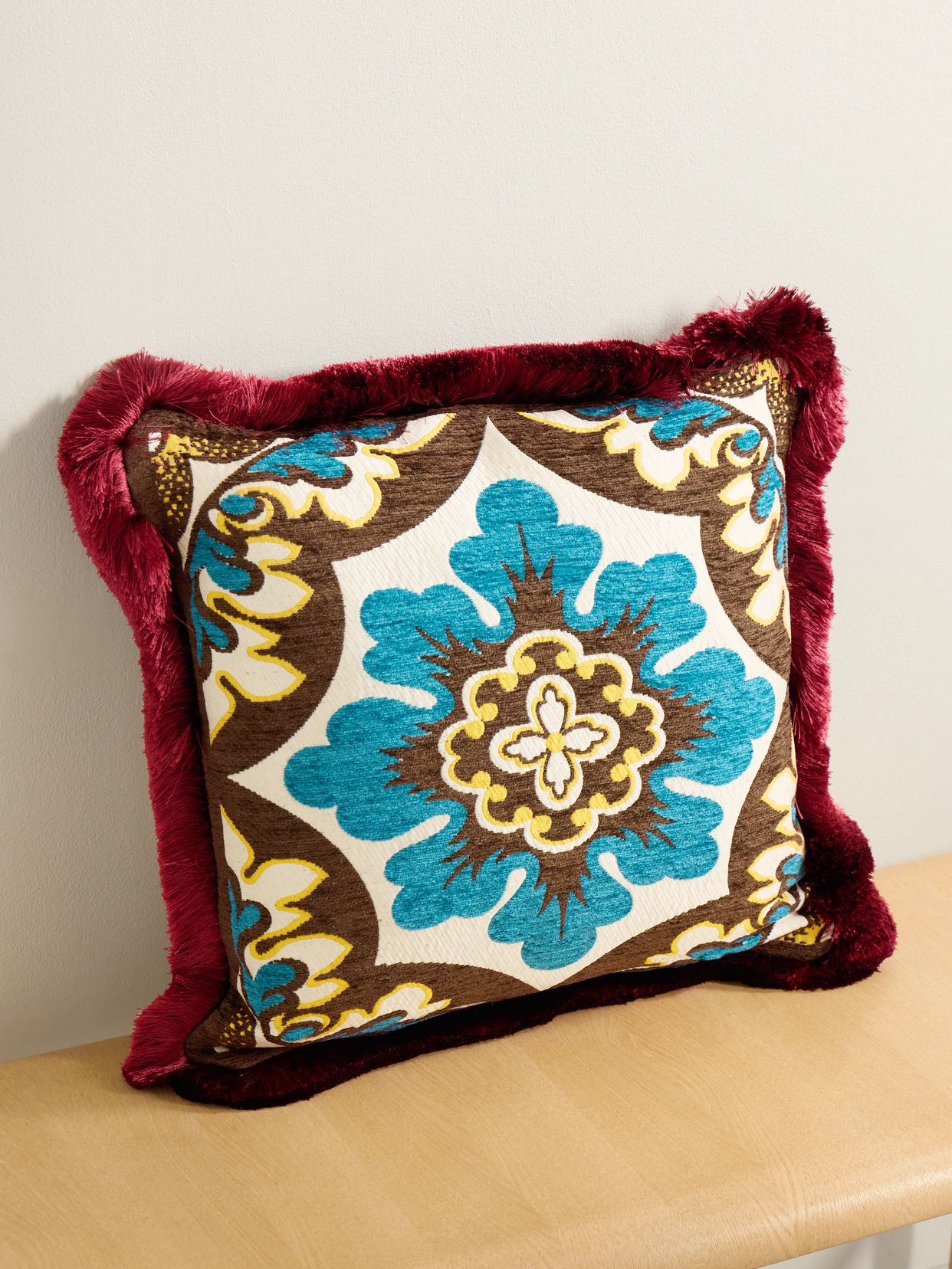 Fringed chenille-jacquard cushion