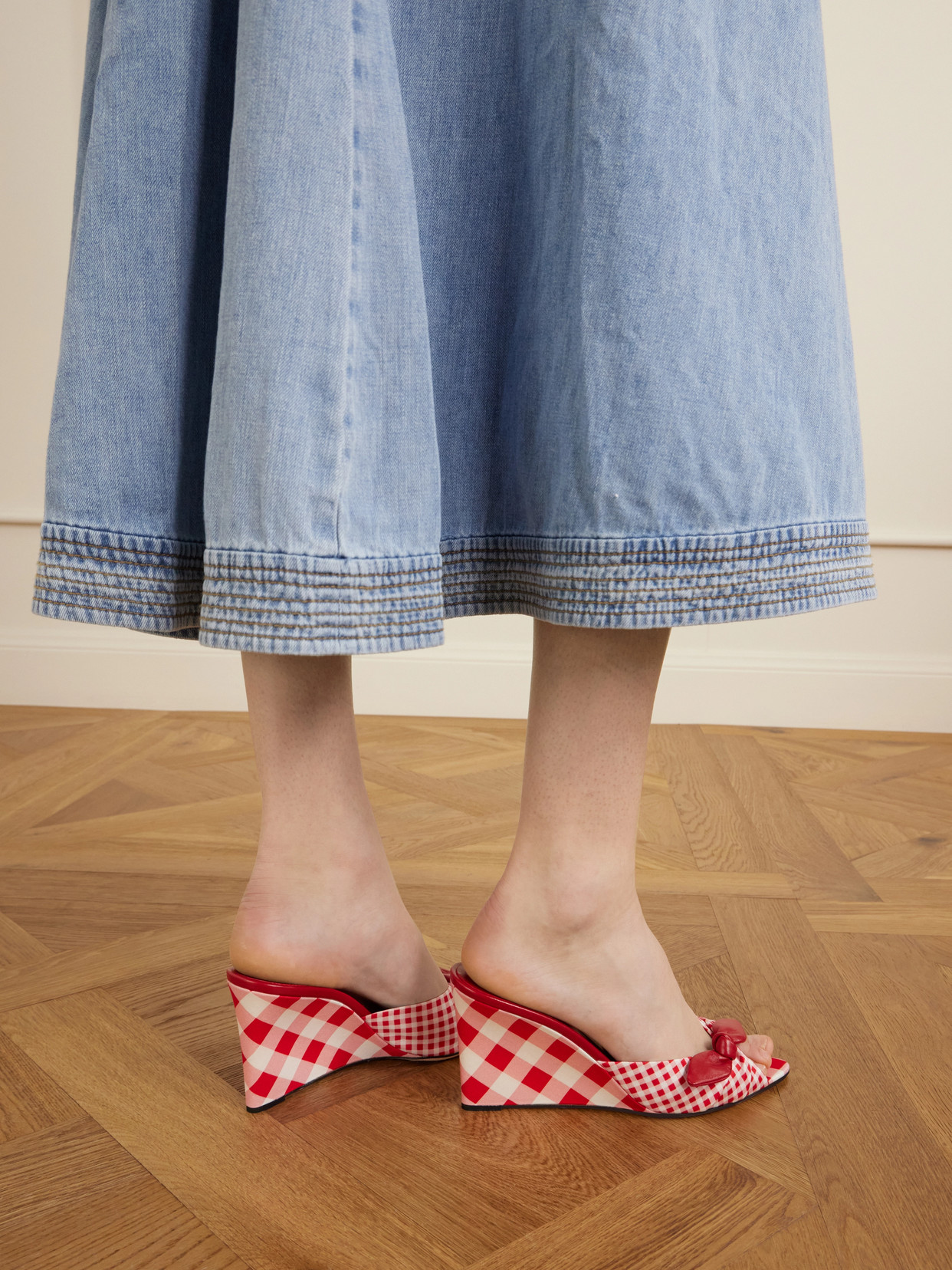 Jimmy Choo Livi 85mm Leather-trimmed Checked Wedge Mules In Red