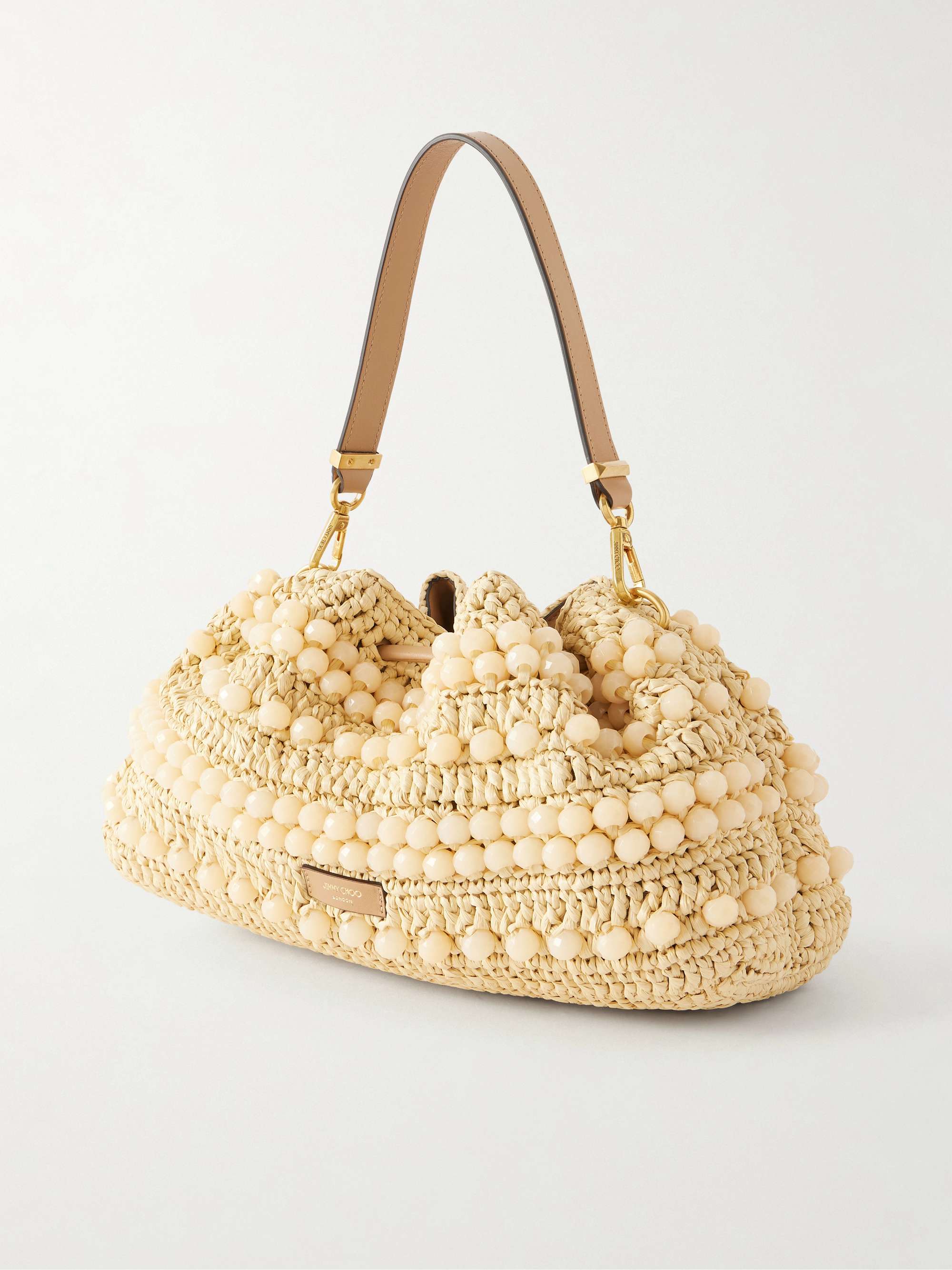 JIMMY CHOO Cinch beaded leather-trimmed woven raffia shoulder bag