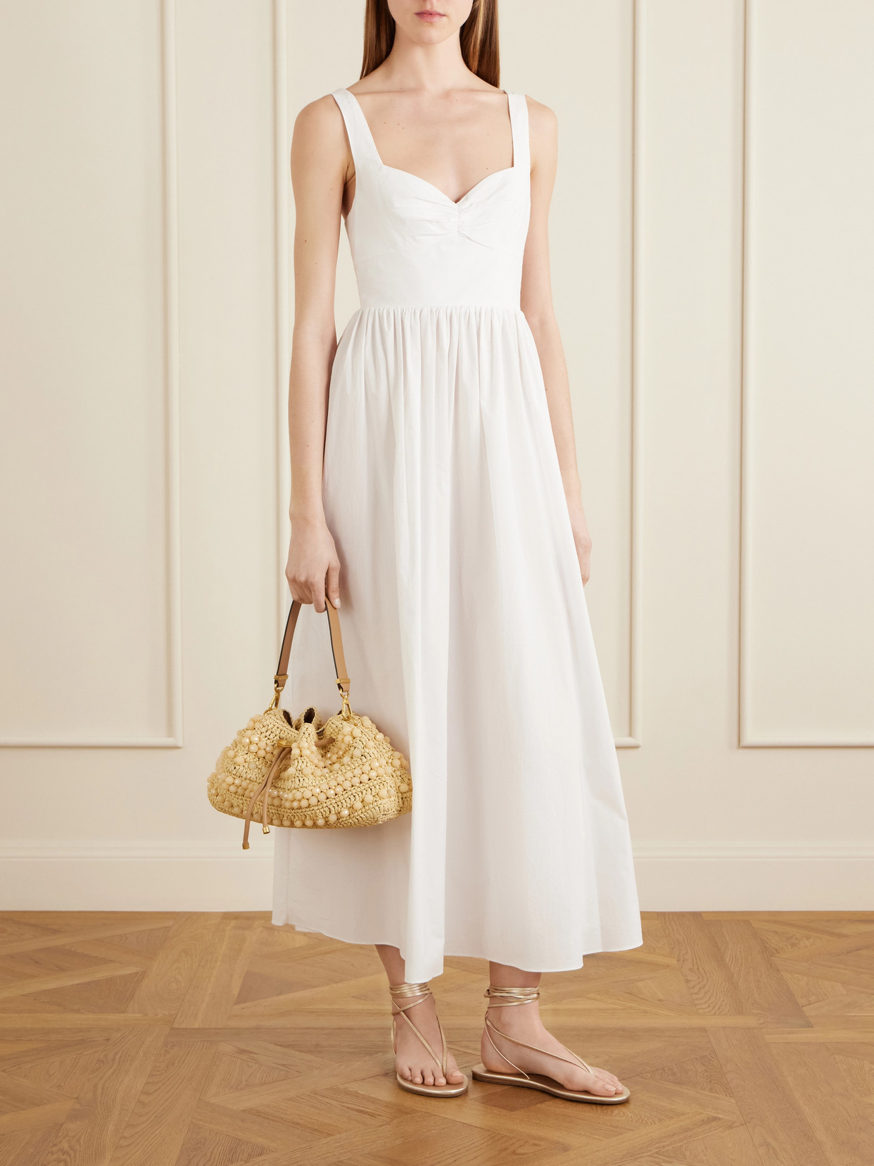 Cinch Beaded Leather-Trimmed Woven Raffia Shoulder Bag