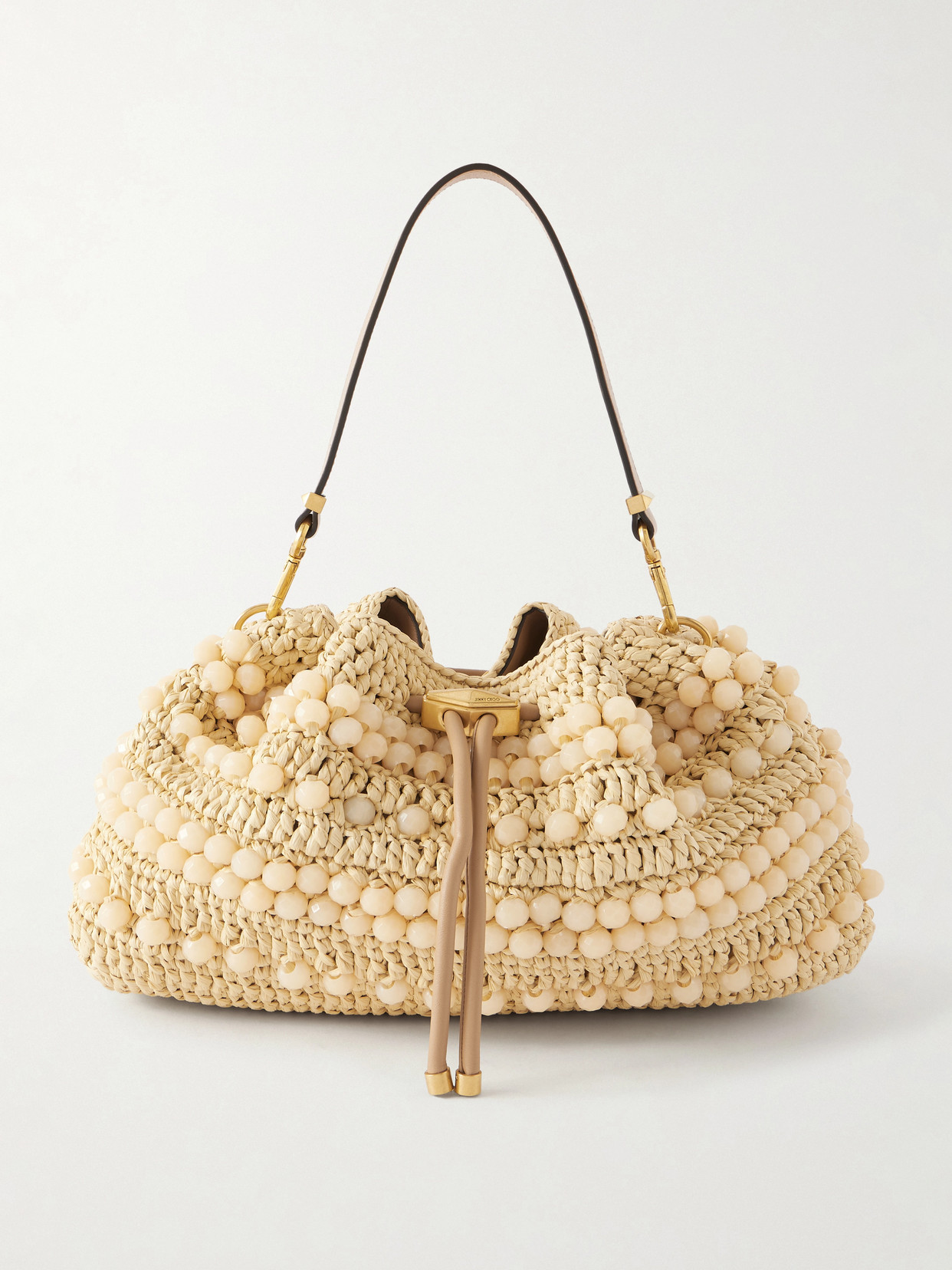 Jimmy Choo - Cinch Beaded Leather-trimmed Woven Raffia Shoulder Bag - Brown