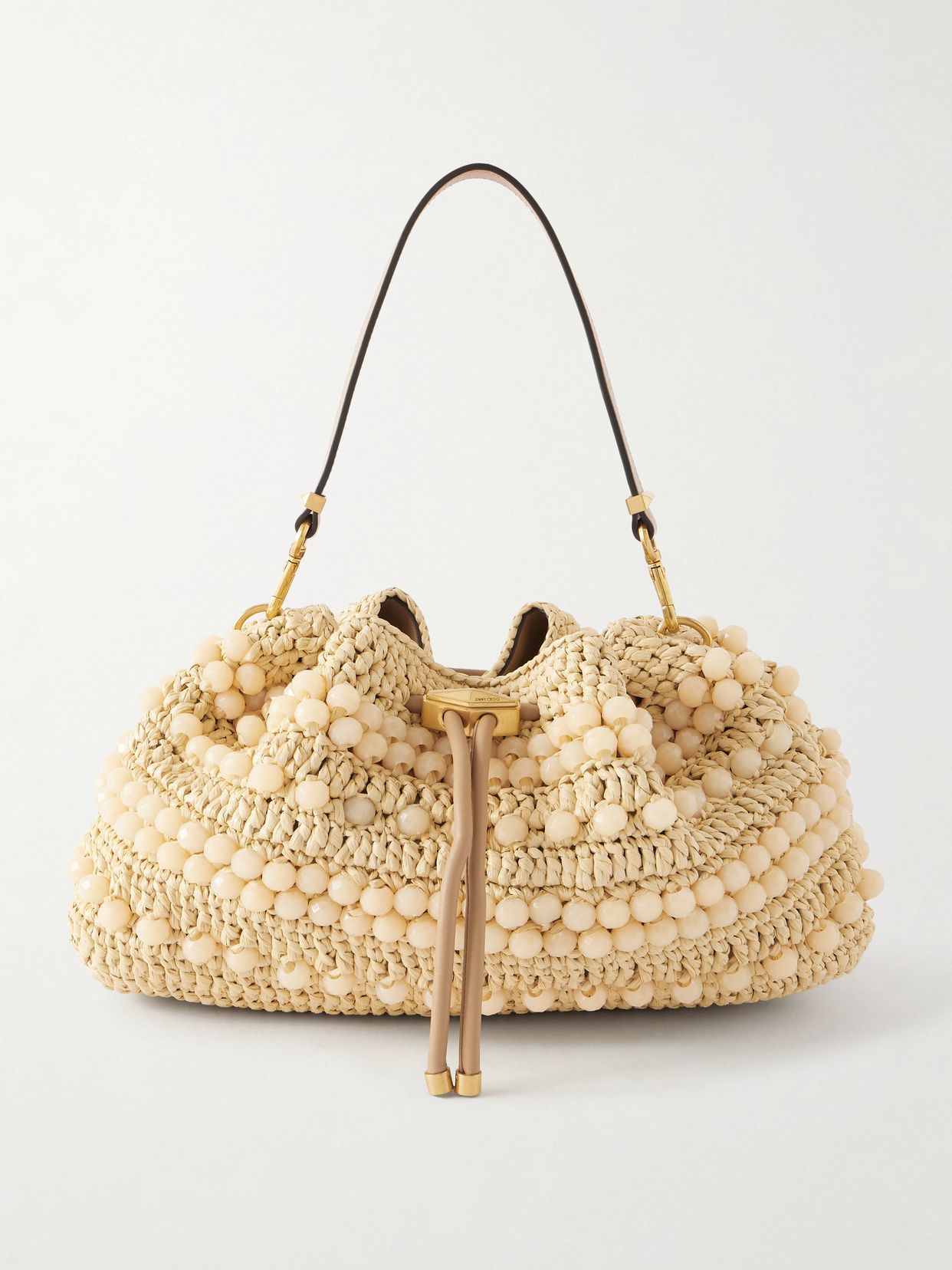 cinch beaded leather trimmed woven raffia shoulder bag