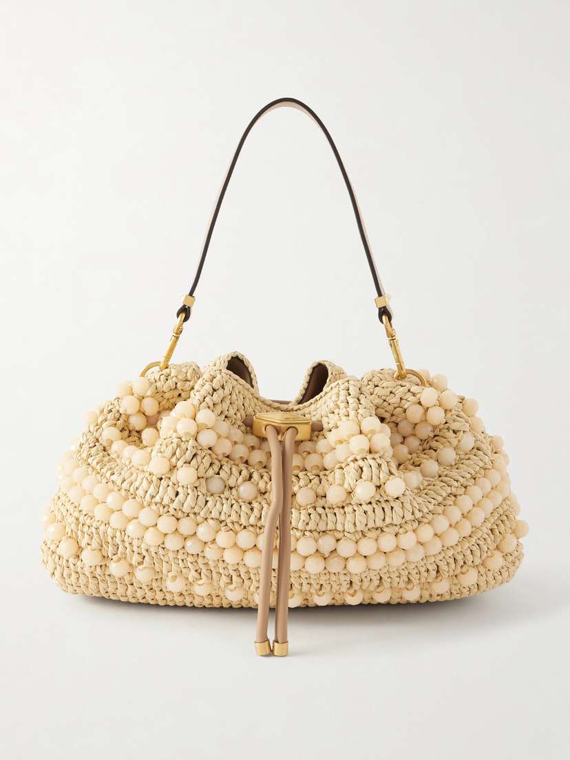 Jimmy Choo Bon Bon Beaded Leather-trimmed Woven Raffia Shoulder Bag