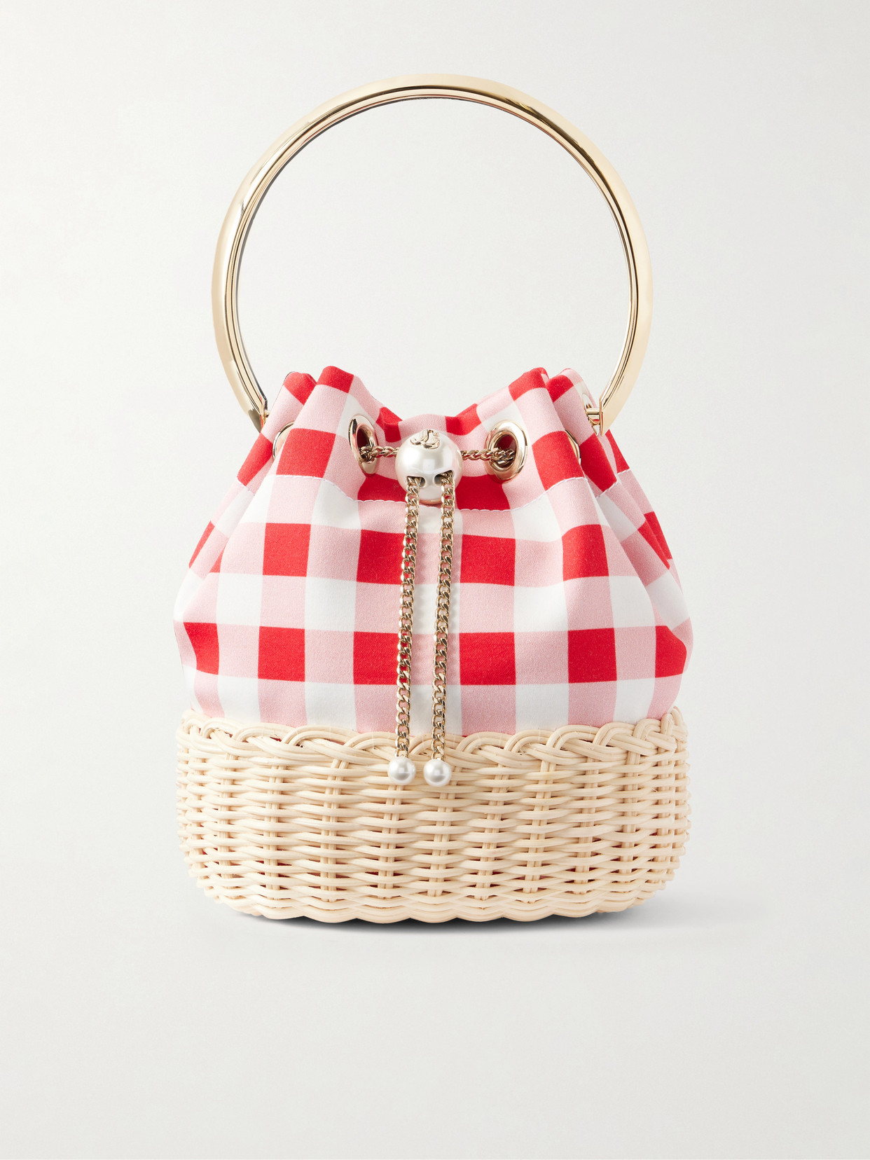 Jimmy Choo Bon Bon Faux-pearl Embellished Woven Raffia Checked Woven Bucket Bag In Red