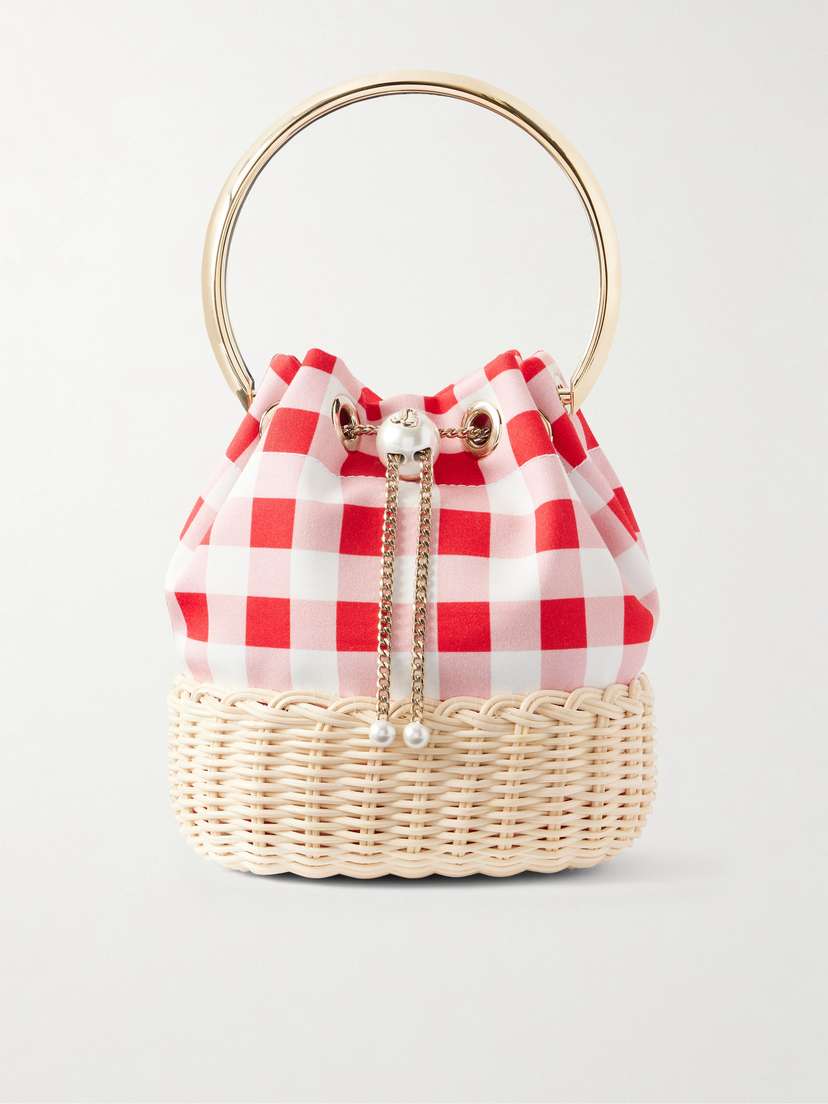 Jimmy Choo Bon Bon Embellished Woven Raffia Checked Woven Bucket Bag