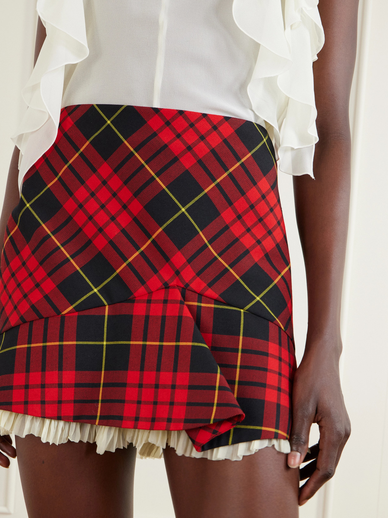Alexander Mcqueen Crepon-trimmed Checked Woven Mini Skirt In Red