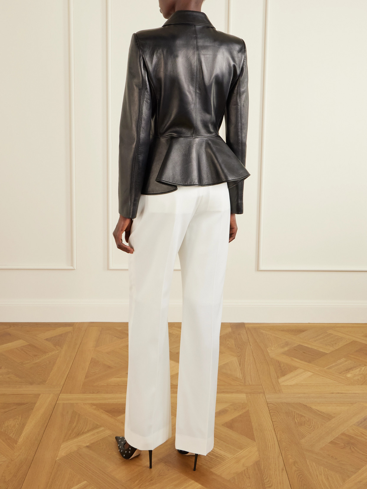 Alexander Mcqueen Paneled Leather Peplum Jacket In Black