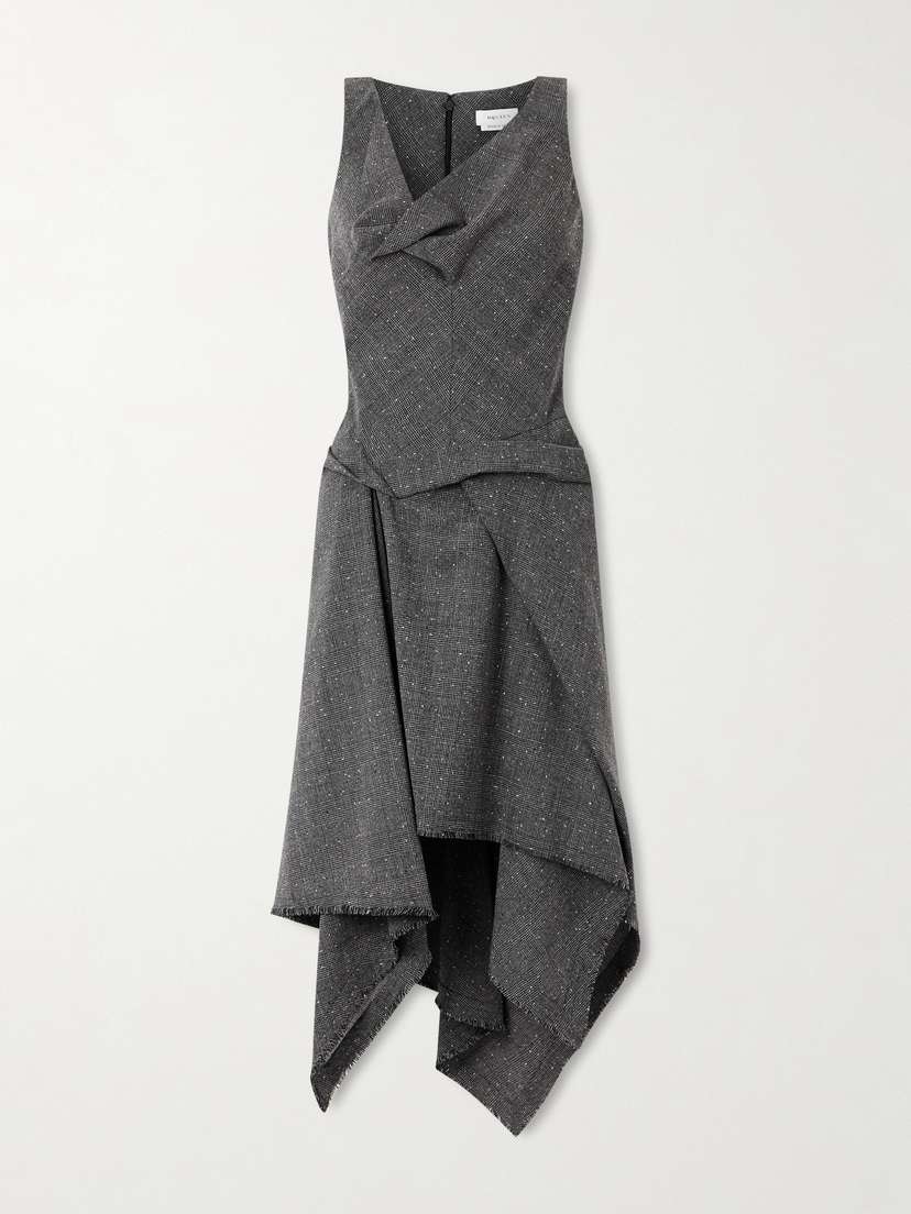 McQueen Asymmetric Prince Of Wales Checked Wool Midi Dress