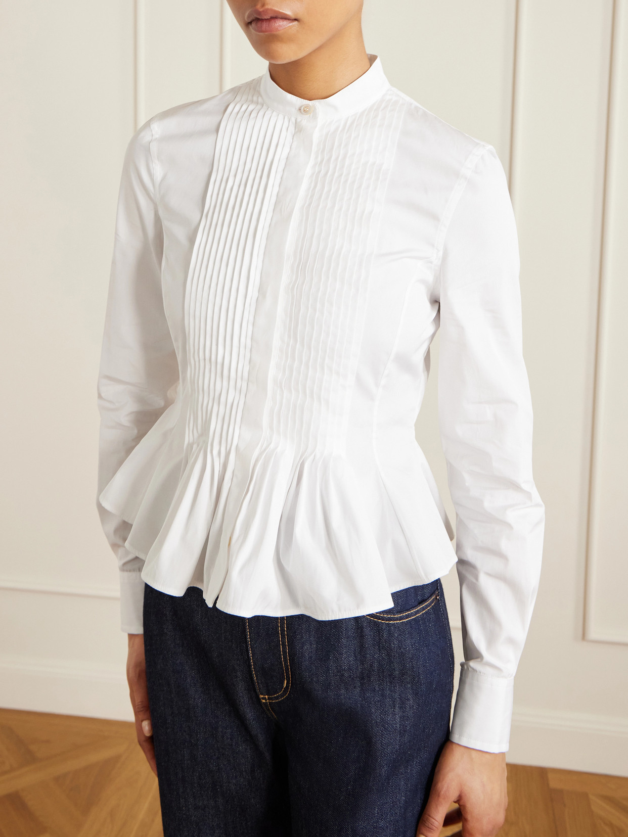 Cropped Pleated Cotton-Poplin Peplum Blouse