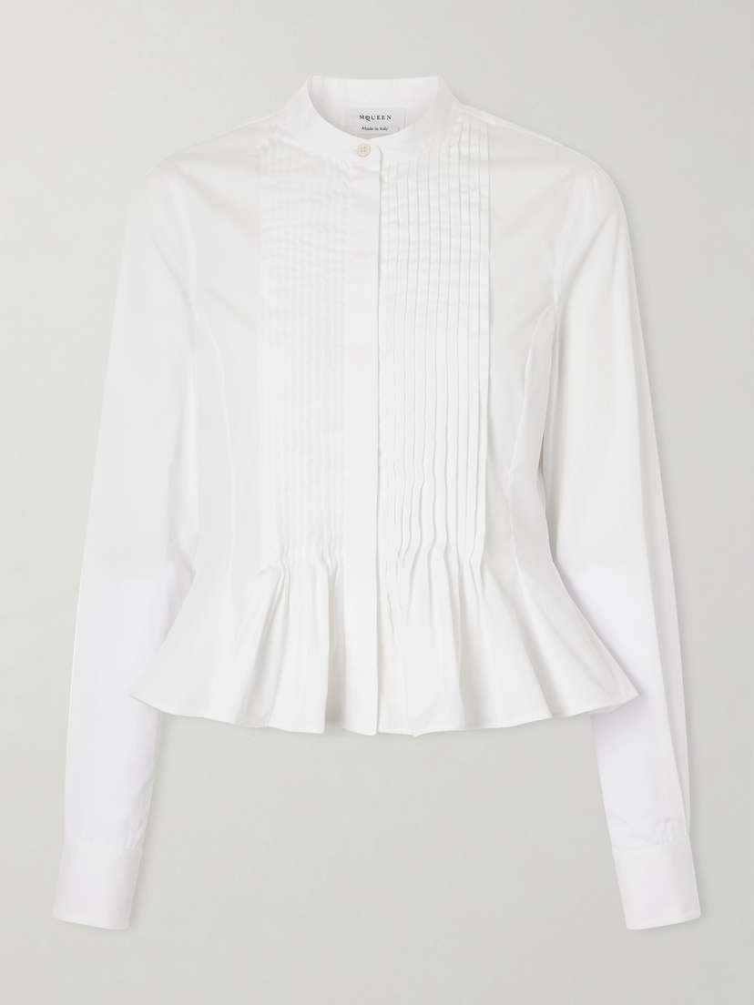 McQueen Cropped Pleated Cotton-poplin Peplum Blouse