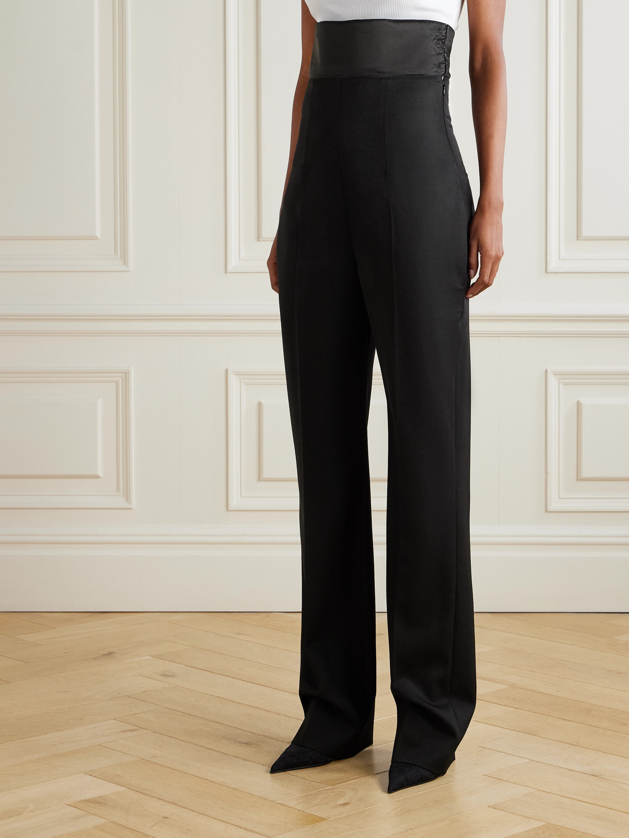 Alexander Mcqueen Satin-trimmed Grain De Poudre Wool Slim-leg Pants In Black