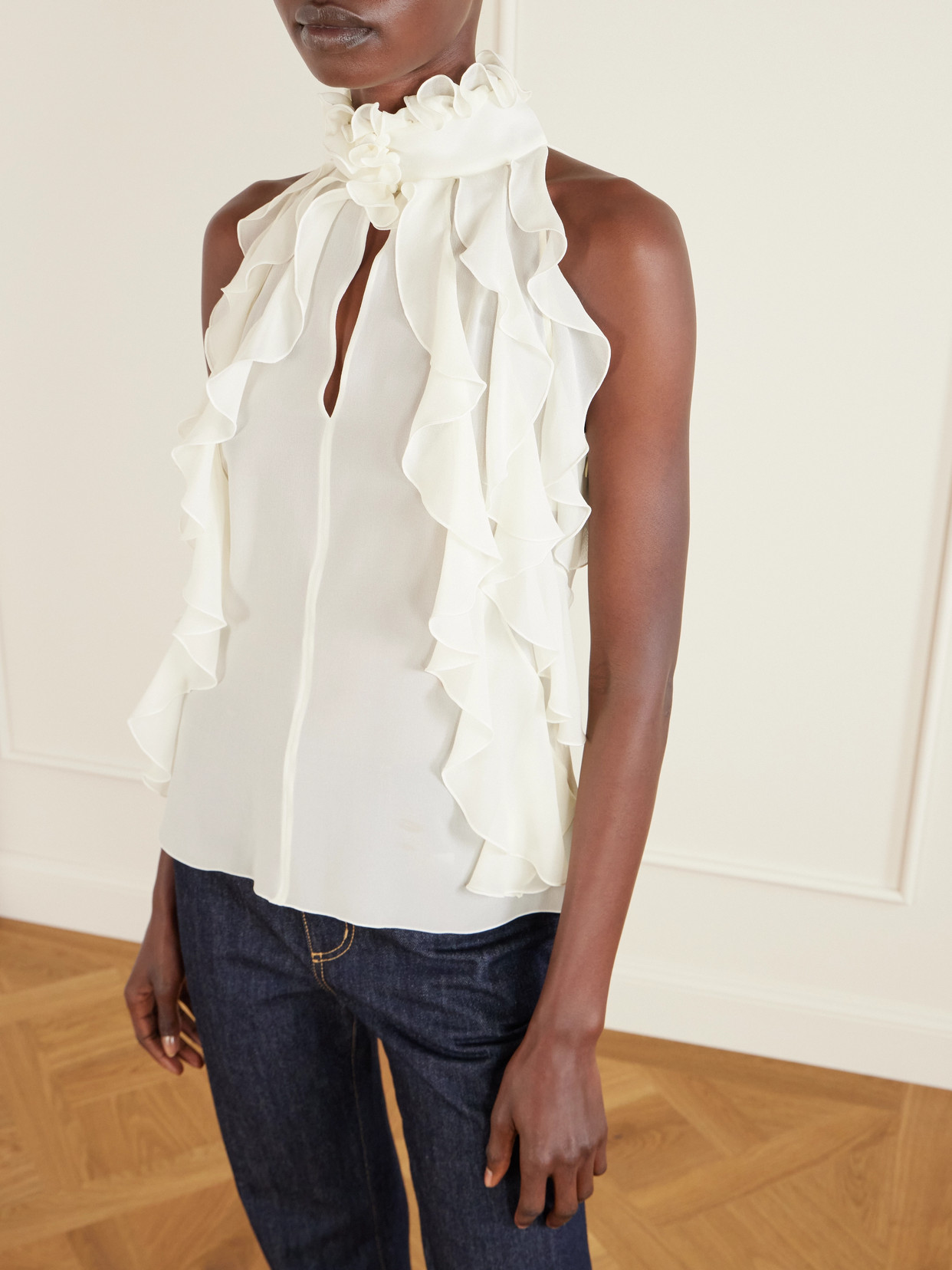 Ruffled Cutout Silk-Georgette Top