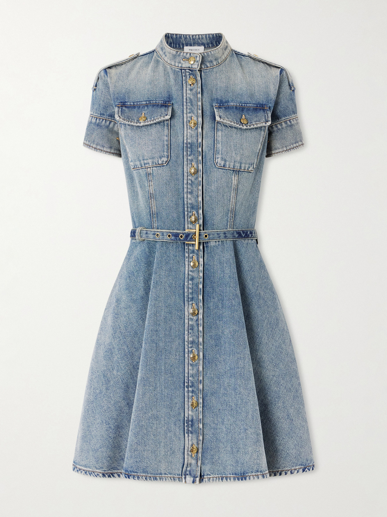 Alexander Mcqueen Belted Denim Mini Dress In Blue