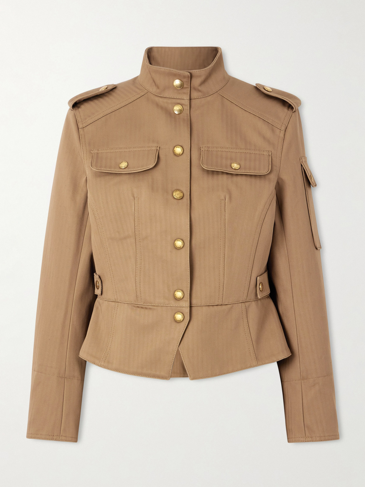 Alexander Mcqueen Herringbone Cotton Peplum Jacket In Brown