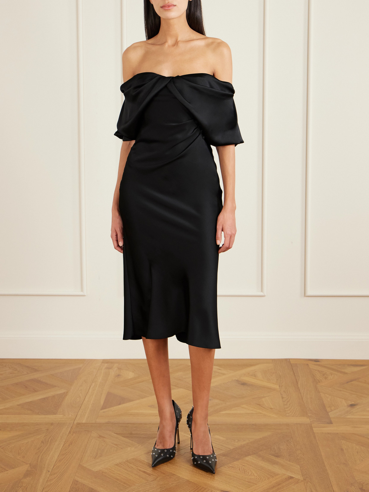 Alexander Mcqueen Off-the-shoulder Draped Satin Midi Dress In Black