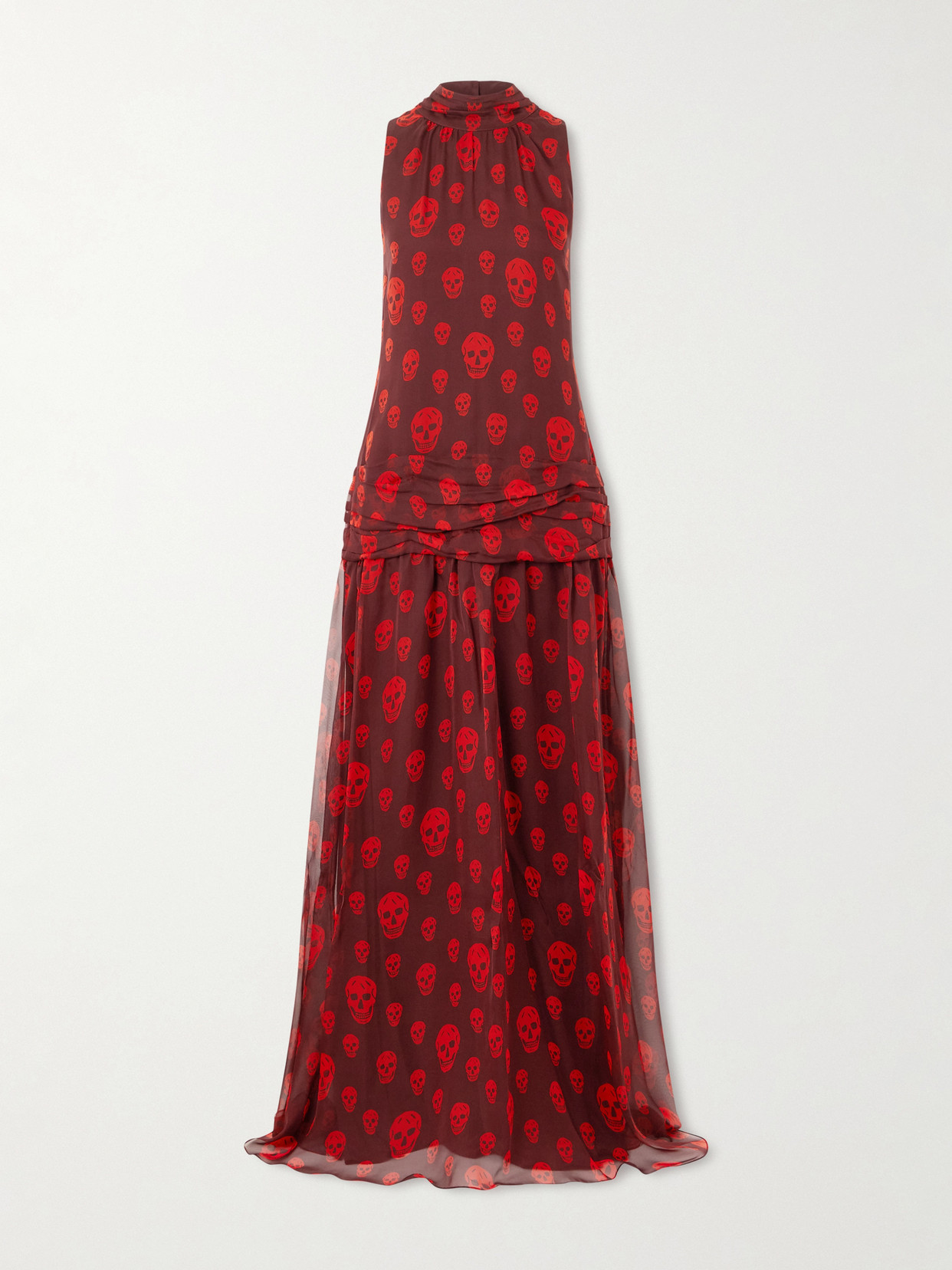Alexander Mcqueen Draped Pleated Printed Silk-chiffon Halterneck Maxi Dress In Red