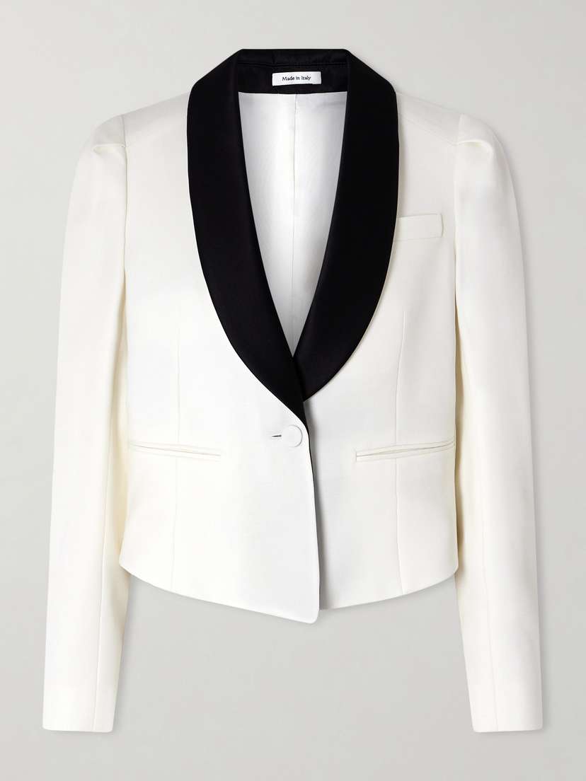 McQueen Cropped Velvet-trimmed Grain De Poudre Wool Blazer