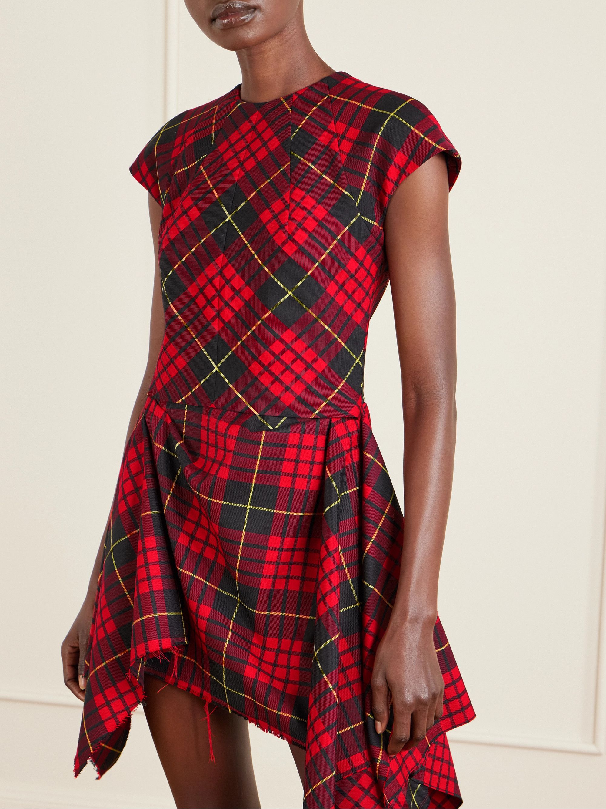 McQueen Asymmetric layered pleated checked woven mini dress