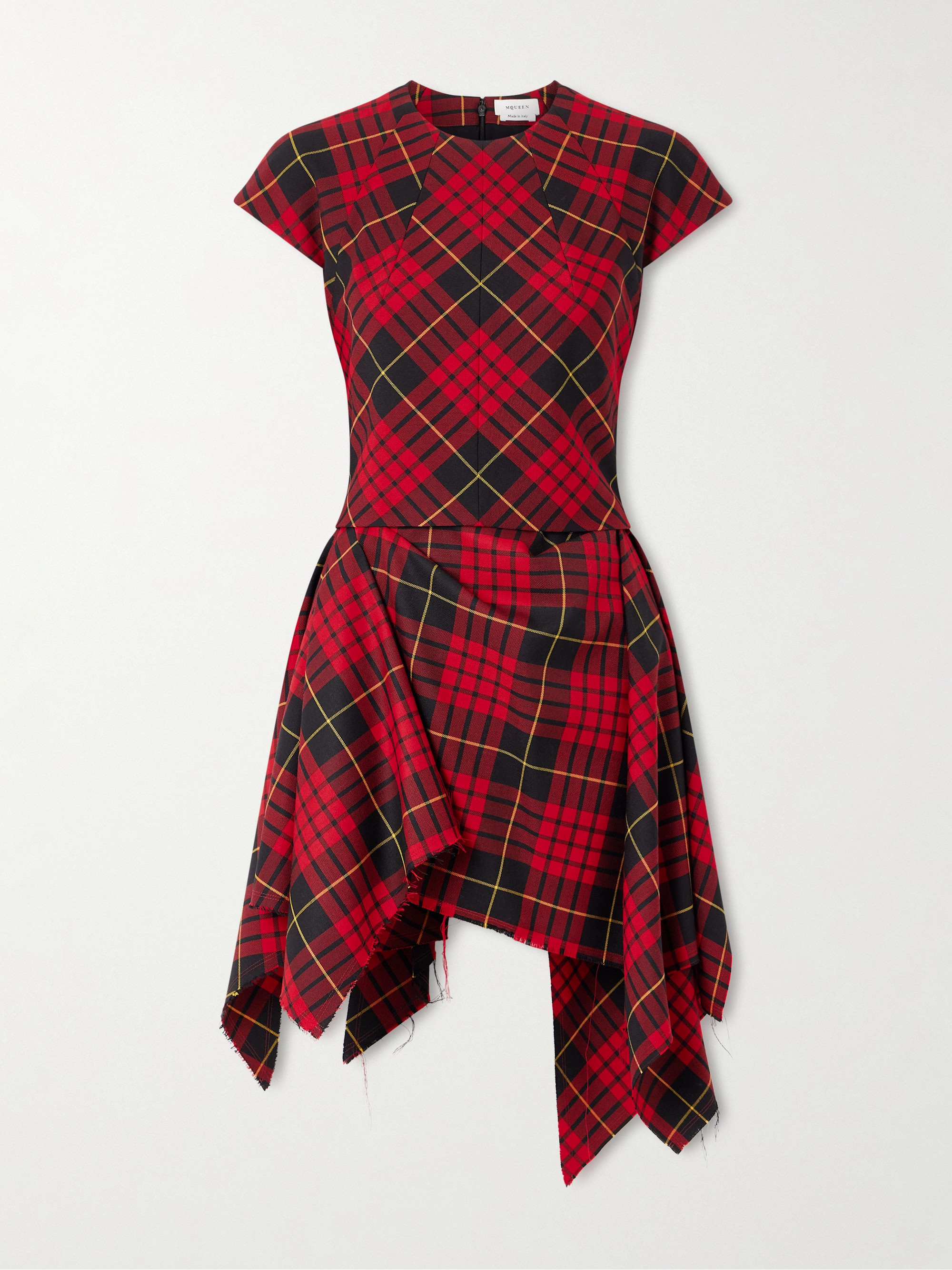 McQueen Asymmetric layered pleated checked woven mini dress