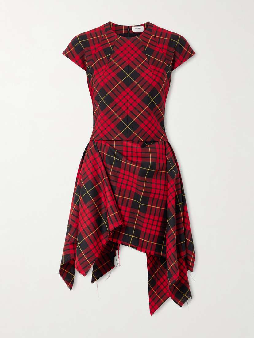 McQueen Asymmetric Layered Pleated Checked Woven Mini Dress