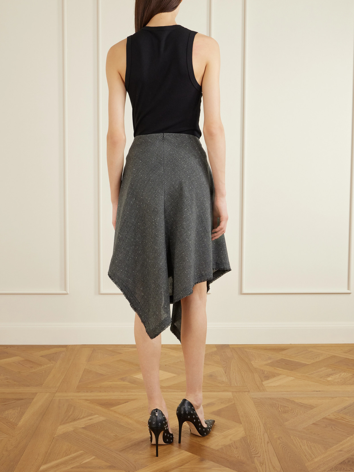 Alexander Mcqueen Asymmetric Prince Of Wales Wool Midi Skirt In Black