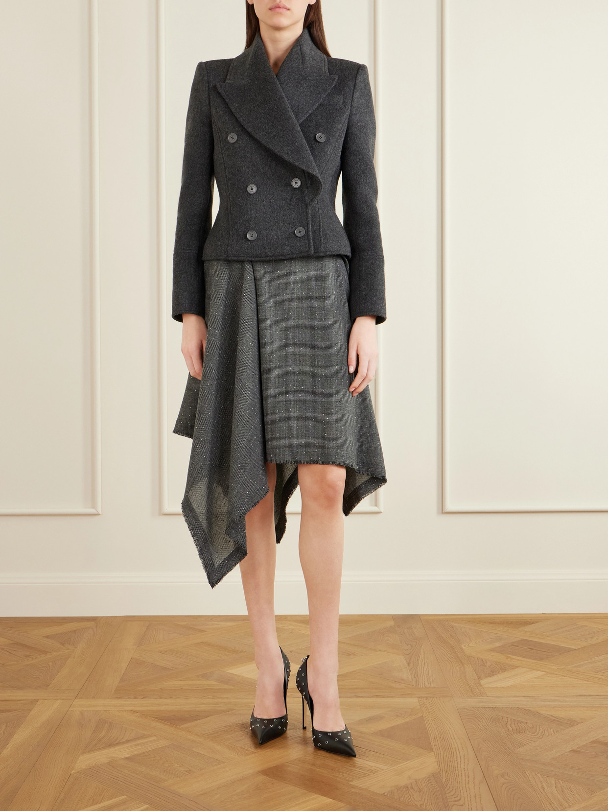 Alexander Mcqueen Asymmetric Prince Of Wales Wool Midi Skirt In Black