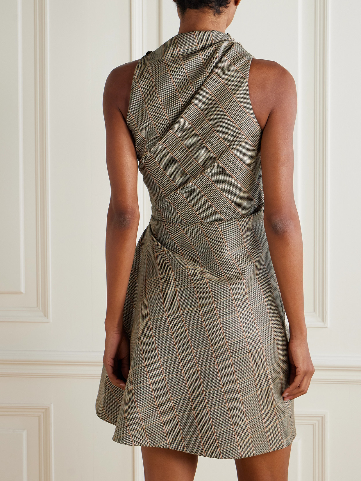 Alexander Mcqueen Draped Checked Wool Mini Dress In Multi