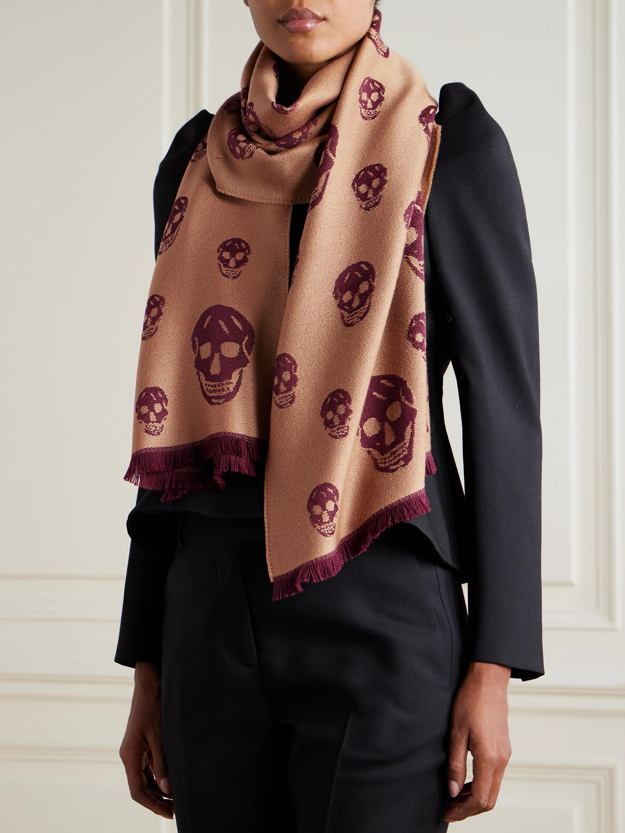 Alexander Mcqueen Frayed Wool-jacquard Scarf In Brown