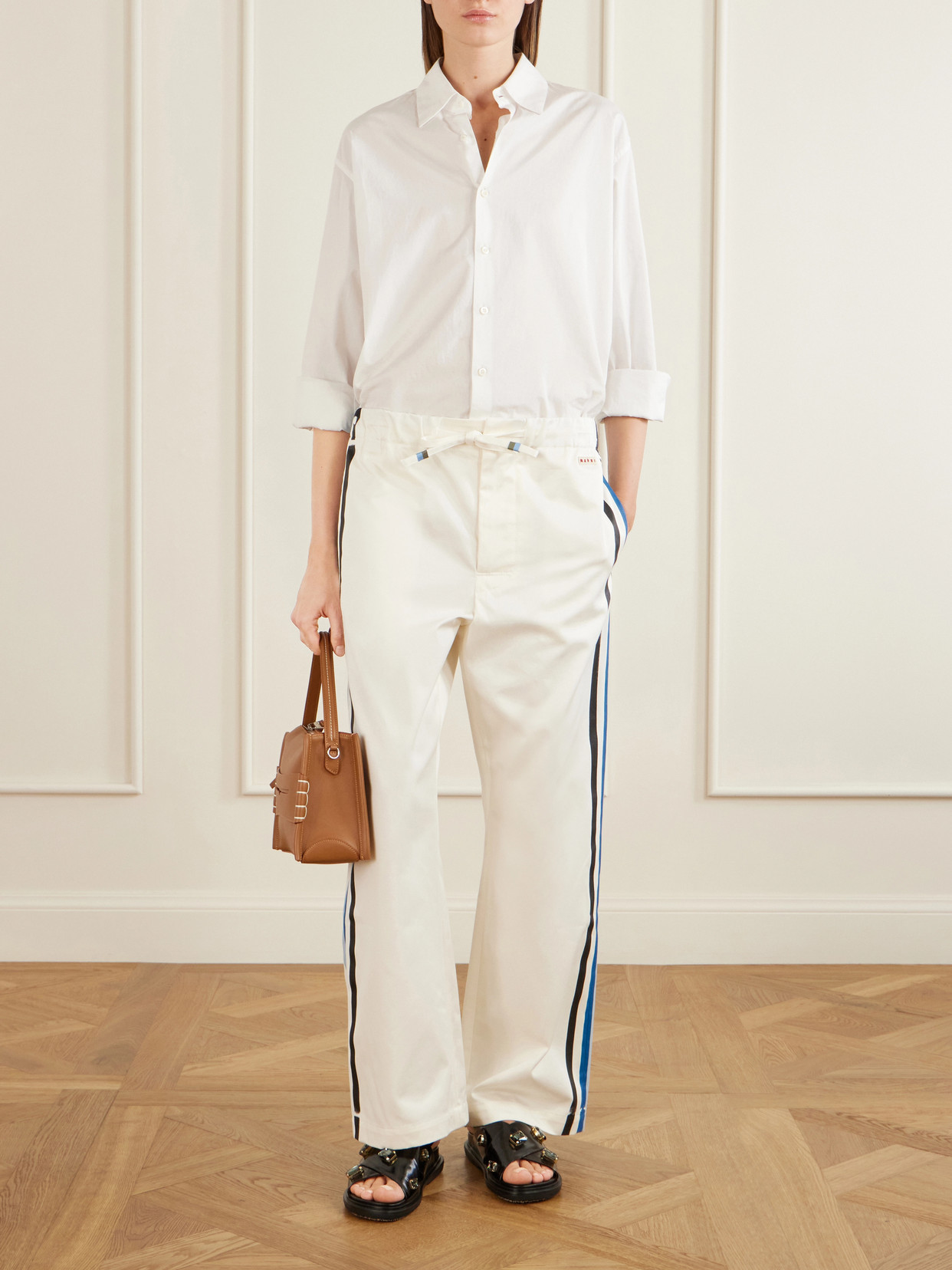 Marni Contrast Stripe Cotton Wide Leg Track Pants In White