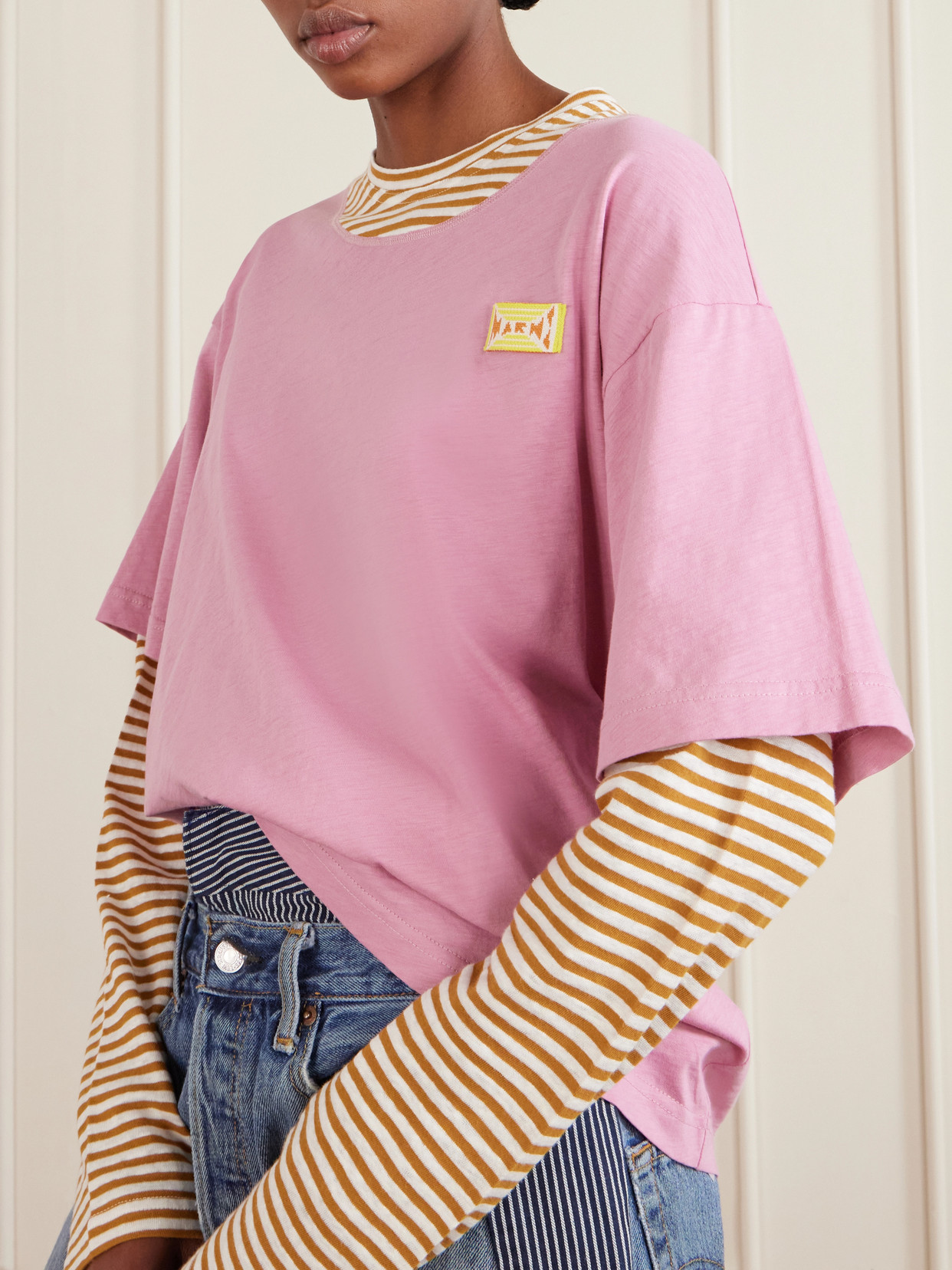 Appliquéd Striped Linen And Cotton-Blend T-Shirt