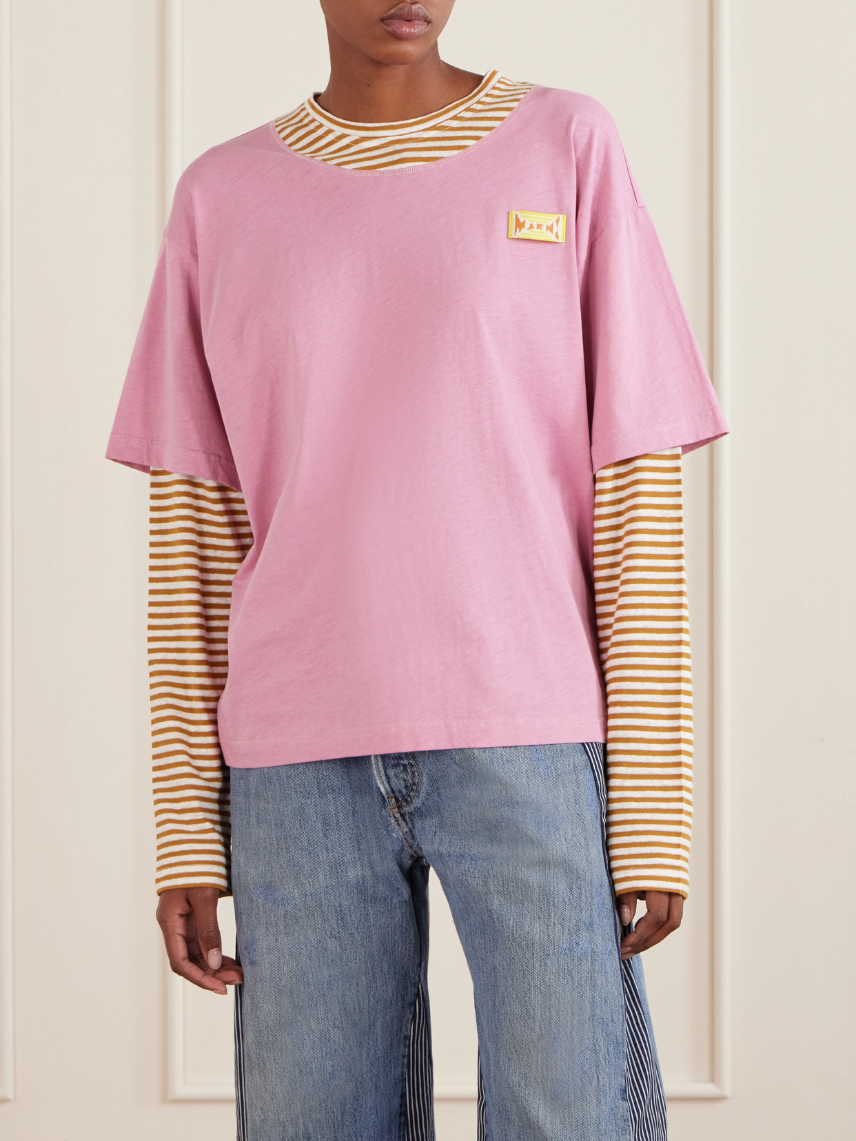 Appliquéd Striped Linen And Cotton-Blend T-Shirt