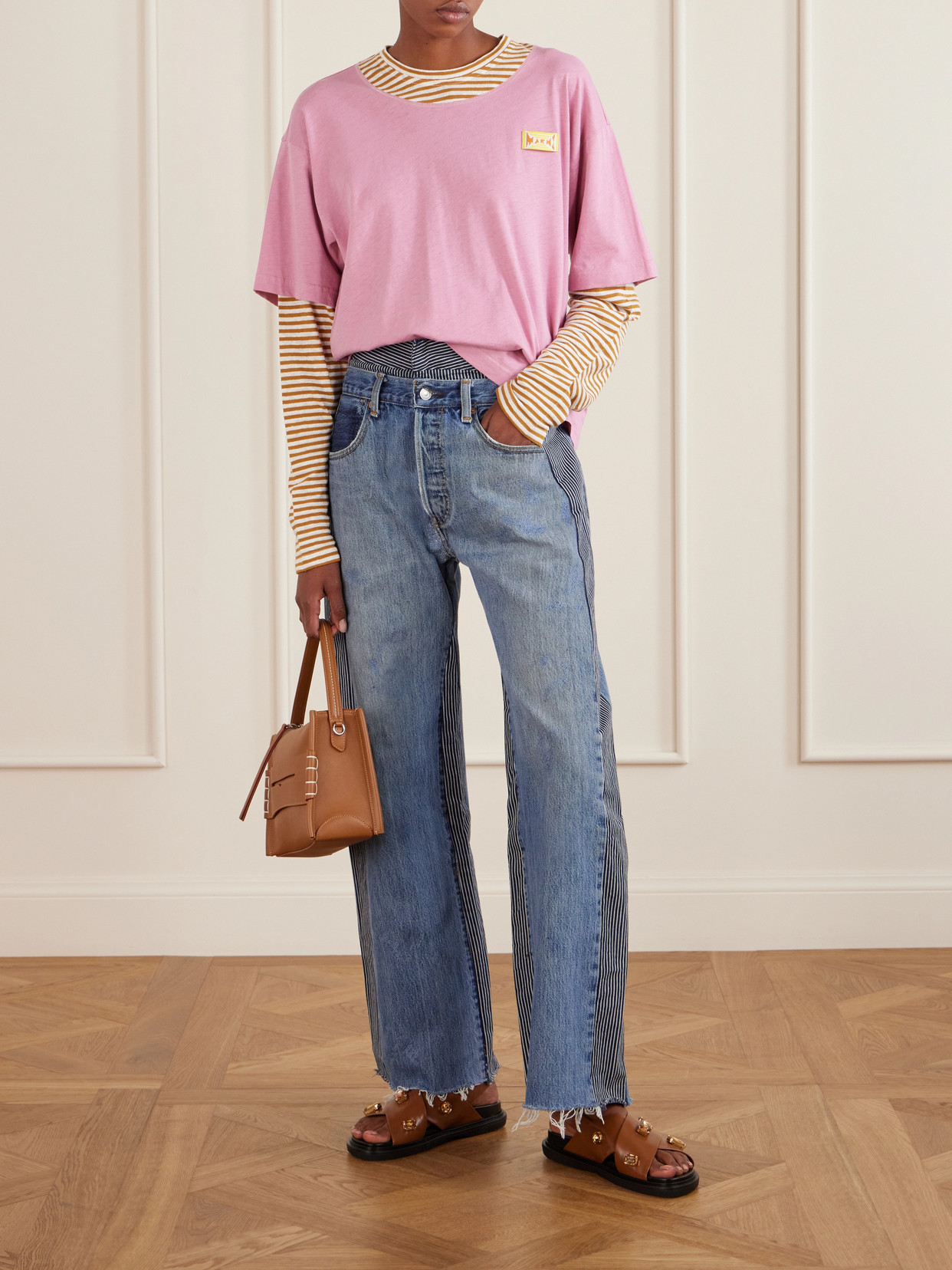 Appliquéd Striped Linen And Cotton-Blend T-Shirt