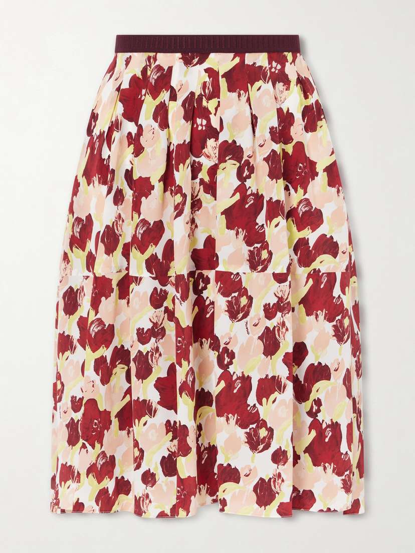 Marni Pleated Printed Silk Crepe De Chine Midi Skirt