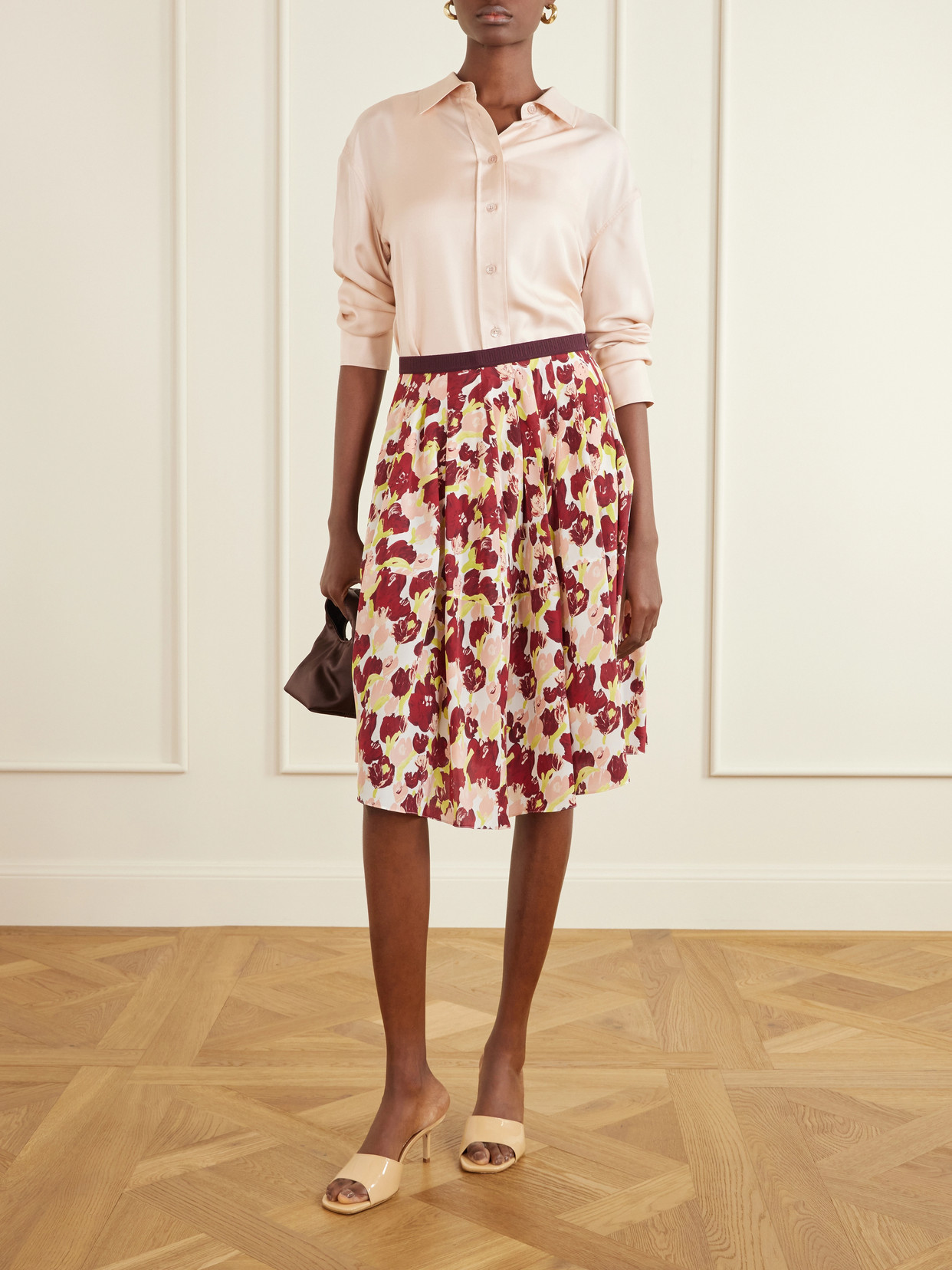 Pleated Printed Silk Crepe De Chine Midi