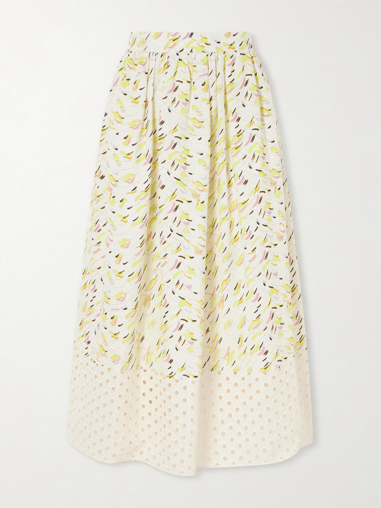 Marni Broderie Anglaise-trimmed Printed Linen Midi Skirt In Neutral