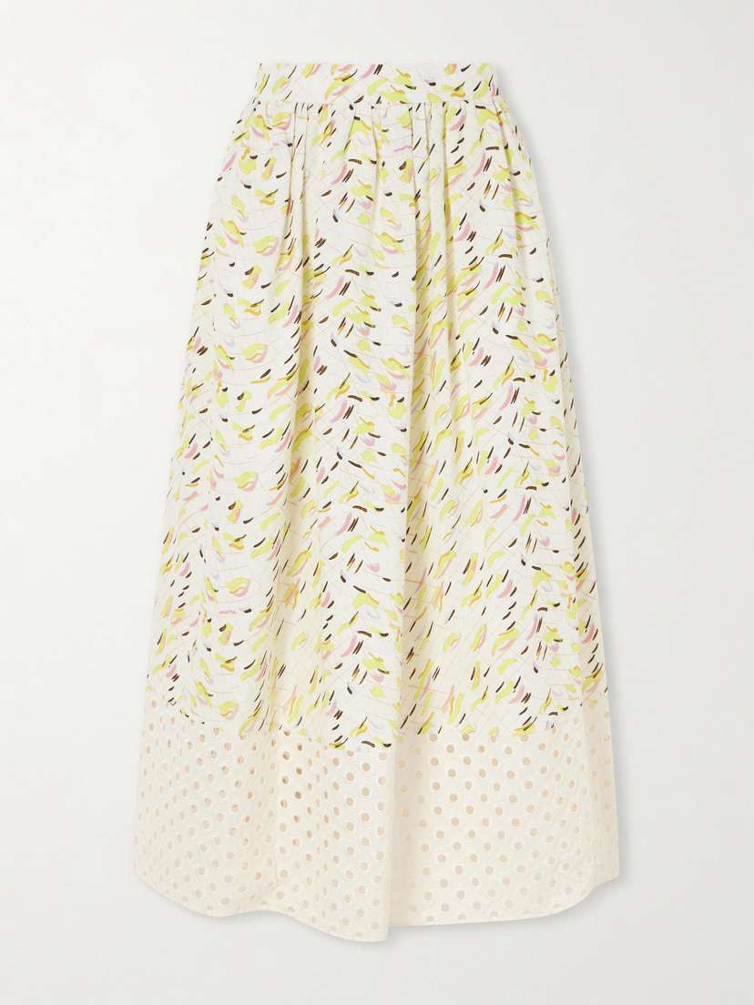 Marni Broderie Anglaise-trimmed Printed Linen Midi Skirt