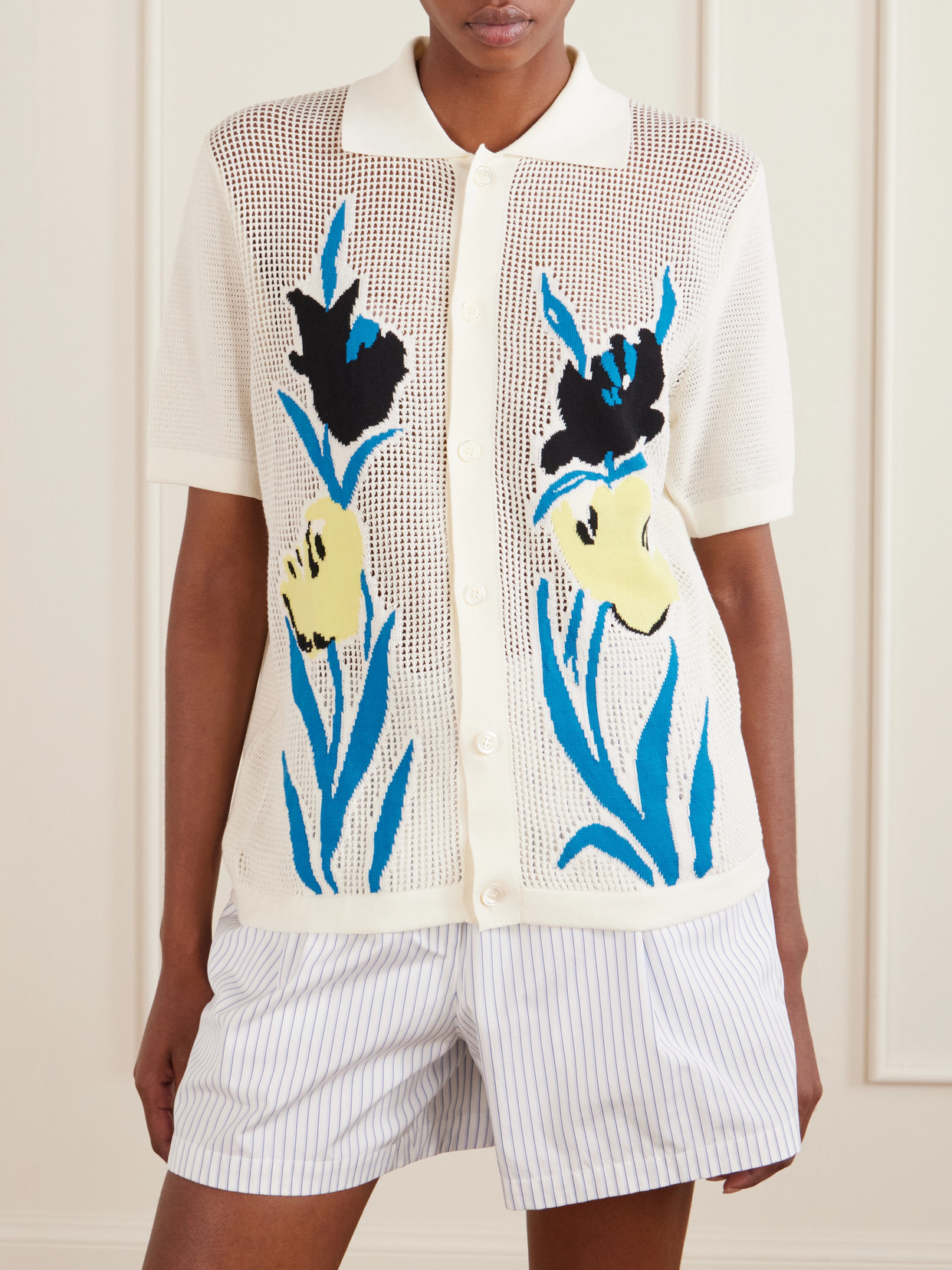 Intarsia Open-Knit Cotton Polo