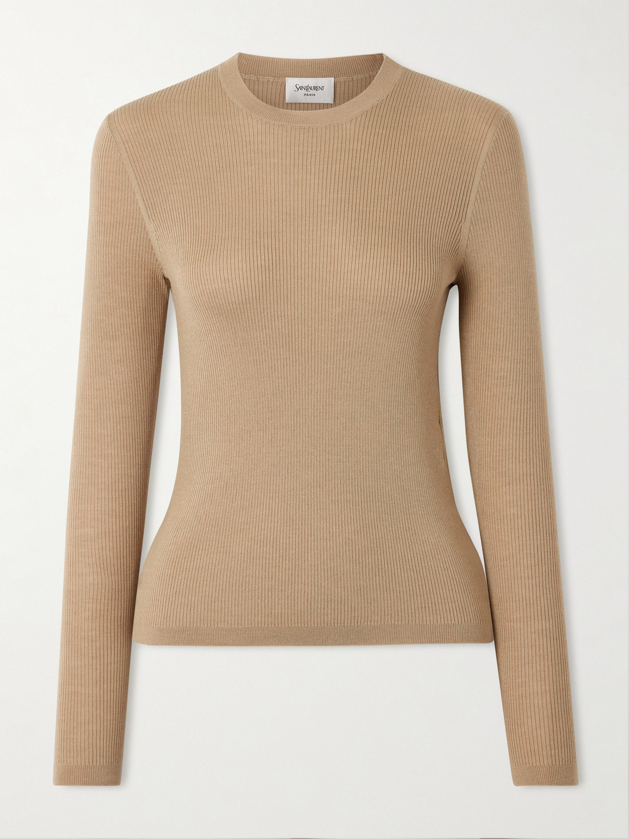 Saint Laurent Ribbed-knit Wool, Cashmere And Silk-blend Top In Brown